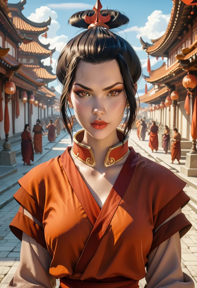 Beautiful, Masterpiece, Best Quality, extremely detailed face, perfect  lighting, Cowboy shot, 1girl, Azula, the perfect body, taut clothes, seductive, pomade, makeup, looking a viewer, wide thighs, d3t41l3d