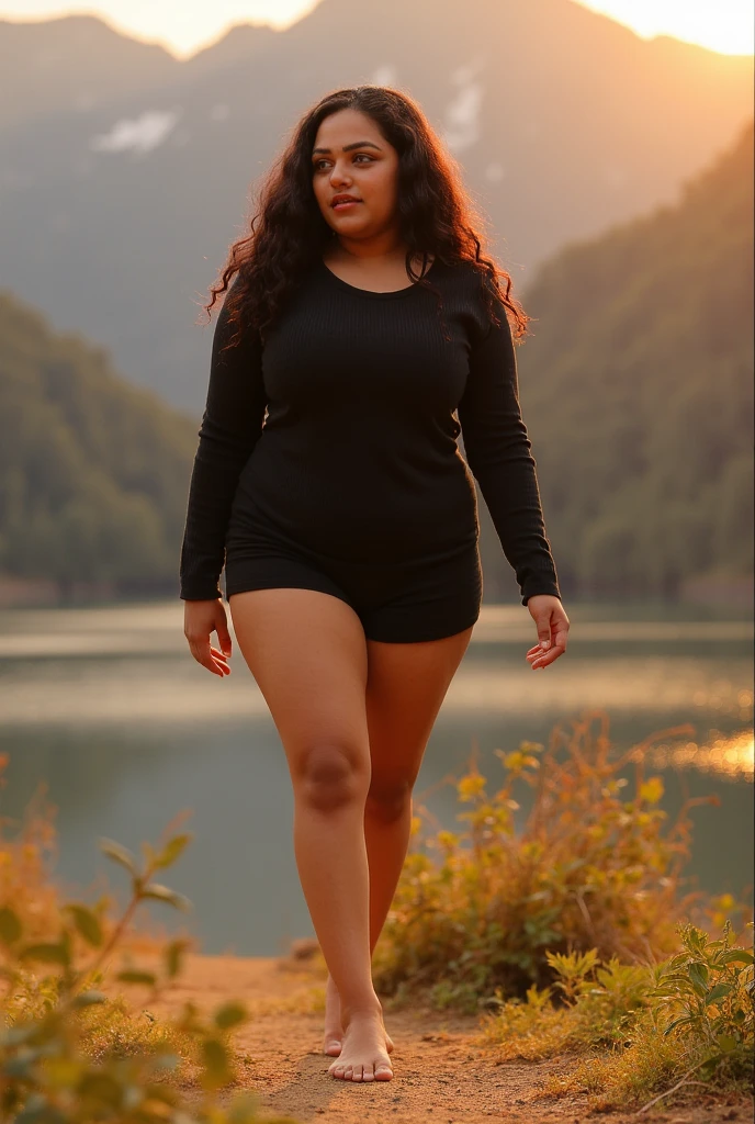 a short and chubby beautiful indian girl with large breasts wearing a beautiful very short black sweater walks  barefoot near a lake near some mountains at golden hour