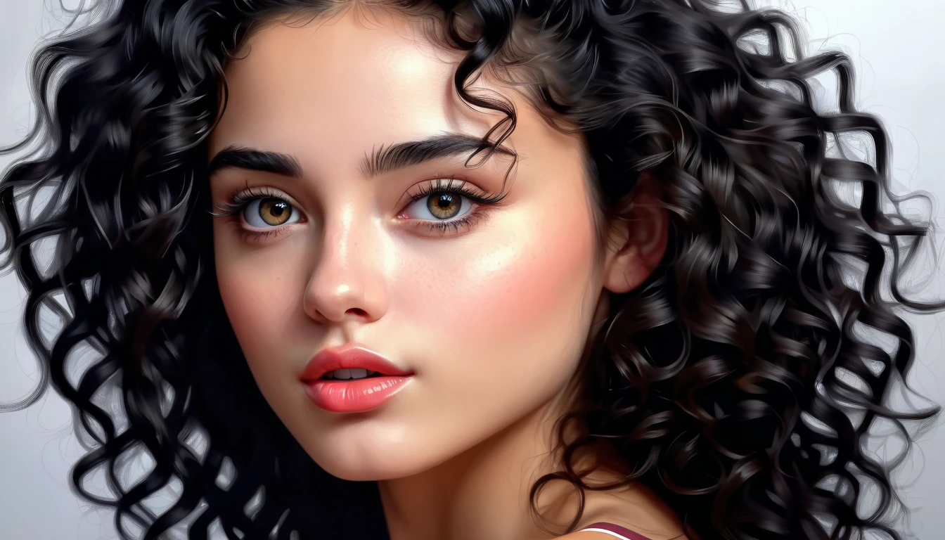 realne foto fotorealiazm 16 k , girl with black curly hair and (black eyes), stunning digital illustration, beautiful digital artwork, exquisite digital illustration, gorgeous digital art, beautiful digital illustration, 4k highly detailed digital art, digital painting art, realistic,
