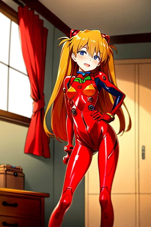 (( best quality)), ((masterpiece)), (be familiar with),  perfect face, indoor, bedroom,  viewer,
One woman,  Soryu Asuka Langley ,
 open mouth,  ecstatic expression with hands in front of body, blush, smile,
 small tits,  flat chested, Young girl, Lori,  s,  girl,
 long hair,  twin tails,
Leg spread,