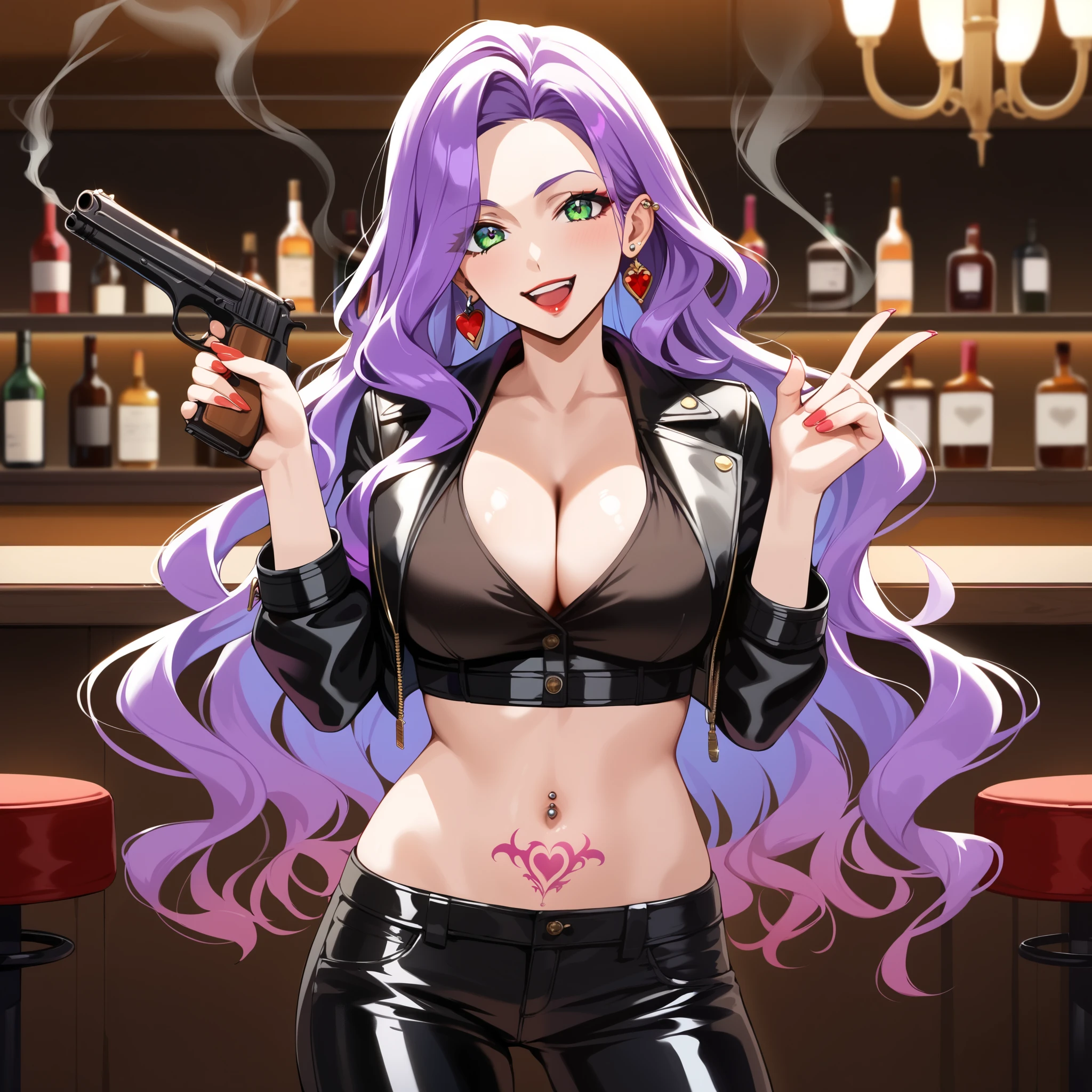 score_9, score_8_up, score_7_up, score_6_up, score_5_up, score_4_up, rating_questionable, , source_anime, digital illustration, pixiv, fanbox, uncensored, , BREAK, official art,
1girl, solo, female, anna clement, purple hair, green eyes, long hair, wavy hair,
 long hair, earrings, red lips, large breasts, ear piercing, long hair, blush, lipstick,Hot girl, baddie, smoking, sensual, attractive , bar background, inside bar, masterpiece, best quality, highly detailed, a girls with a gun, evil smile , open mouth, sexy gaze, badass
pose , evil smile, smile, (nsfw) not safe for work, guns blazing, anime girl with long hair, beautiful long
haired girl, navel, evil expression, exposed belly, exposed navel, exposed midriff, exposed lower belly,
long black pants, crop top, cleavage, unbuttoned leather pants ,open fly, low rise black leather pants,
leather jacket, holding a gun, holding pistol, navel piercing, tattoo, flower tattoo, dragon tattoo, belly tattoo, open arms sideway, arms T-pose, smirk, standing, anime girl T posing, shiny skin