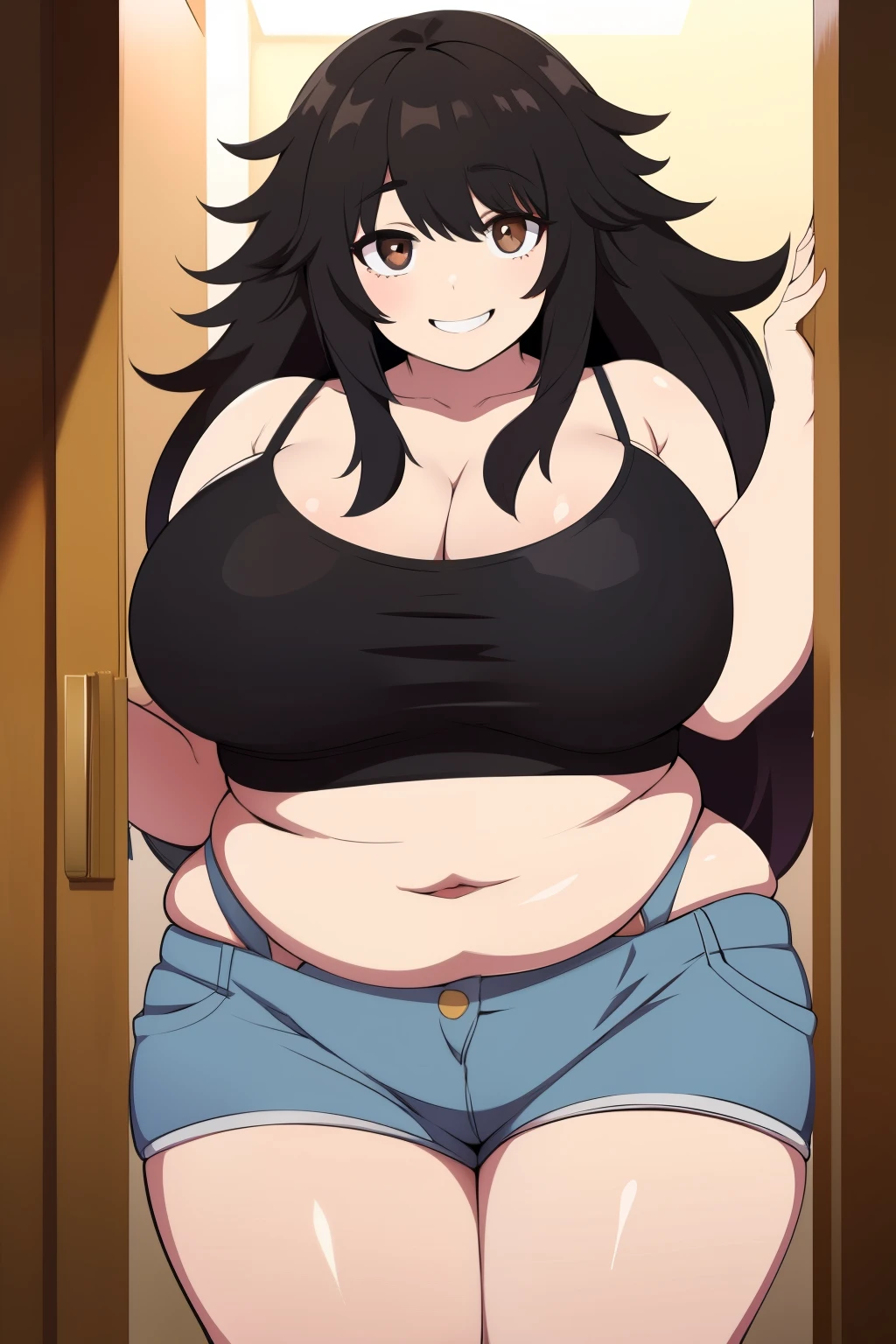 Chubby girl with big breasts black hair brown eyes happy long messy hair smiling Jinako Carigiri