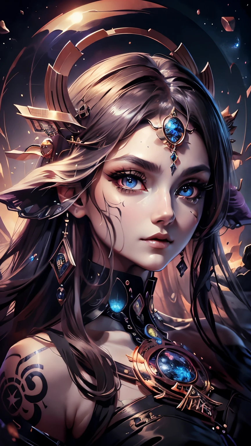 (((Body Portrait)))、(best qualtiy,ultra - detailed,Most Best Illustration,Best Shadow,tmasterpiece,hight resolution,professionalartwork,famousartwork),Detailed eyes,beautidful eyes,closeup cleavage,sci-fy,colored sclera,(Black and beautiful eyes,Black eyes)、face markings,tattooed,(fractalized,Fractal Eye),largeeyes,wide eyes,(Eye focus),Details of face,the eye of the universe,Metal sculpture depiction of woman with moon in hair,goddes。extremely high detail,goddess portrait,Highly detailed footage of the goddess,a stunning portrait of a goddess,Side image of the goddess,portrait of a beautiful goddess,(Full body close-up of goddess),Goddess of Hecate,portrait of a norse moon goddess,goddess of space and time、((masterpiece、top-quality、ultra-definition、hight resolution))、4K picture quality、