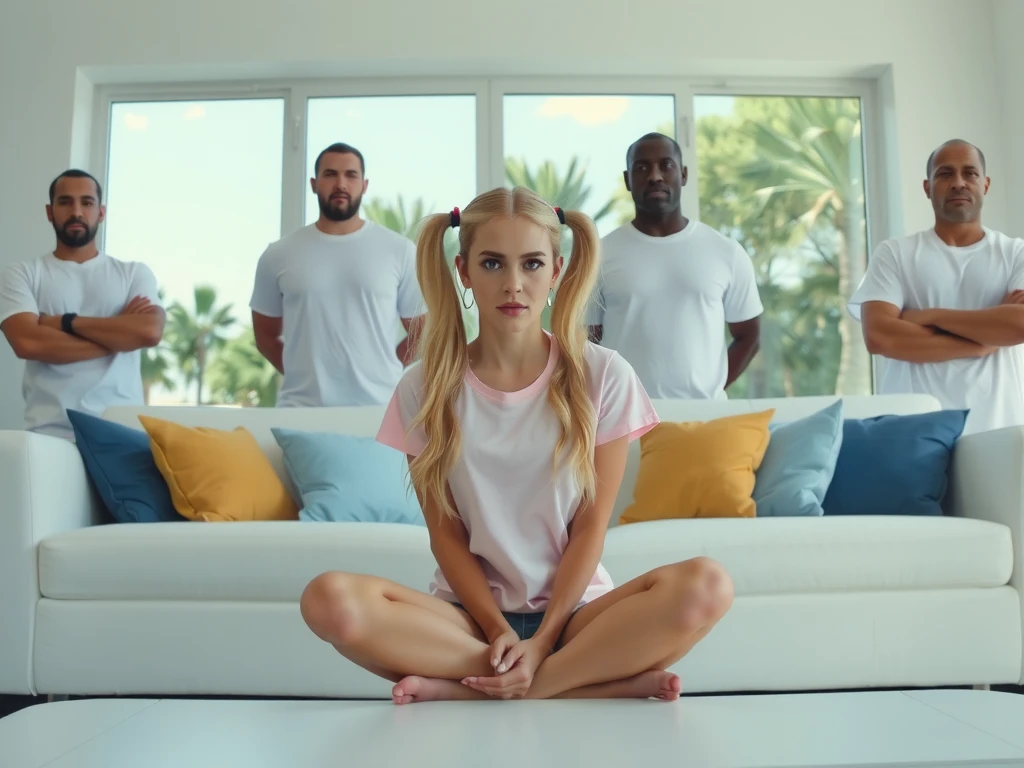 In a modern, brightly lit living room, a woman sits cross-legged on a pristine white couch, styled with long blonde pigtails and wearing a light pink t-shirt. Her hands are hidden in her lap, adding a whimsical charm to its mechanical form. Behind the couch, five large black men stand in a semi-circle. Their white t-shirts contrasts sharply with the pink shirt, their stance disciplined but non-threatening. The clean, modern room features white furniture, light blue pillows, and sunlight streaming through large windows, blending the girl’s humor with the men's imposing presence for a surreal and striking scene