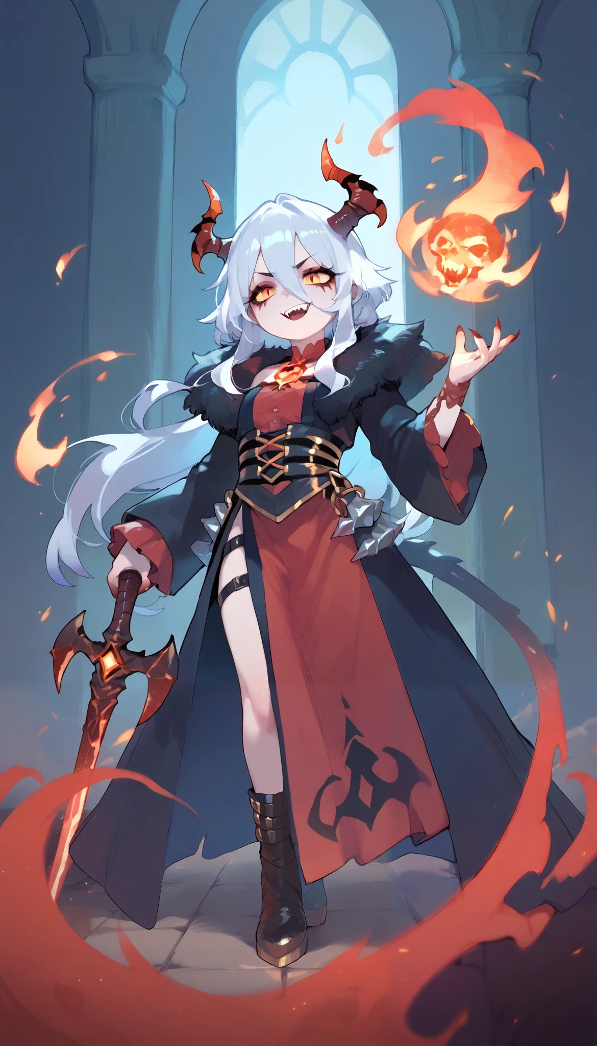 masterpiece,[(white background:1.4)::6],1girl,solo,cowboy shot,
(ultra-detailed),(illustration),(an extremely delicate and beautiful girl),looking_at_viewer,1girl,white hair,((long white hair)),(detailed red eyes),cold expression,hairbow,hair flower,earring,horned helmet,pendant,medium breasts,(looking at viewer),
,(hexagon:1.1),(fight stance),(from bottom:0.9),lighting surrounded,
magic circle,(fire surrounded:1.3),flame,blue fire,magic_circle,witch hat,witch,mage staff,wand，
original,(illustration:1.1),(best quality),(extremely detailed CG unity 8k wallpaper:1.1), (colorful:0.9),(imid shot:0.95),(full body:1.25),Dynamic angle,
