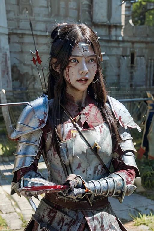 8K,(Asuna(star): 1.6),One Girl, alone,(Perfect Anatomy:1.43), (Medium Hair:1.55) ,(Half Up:1.45),bangs, Brown eyes,Beautiful Eyes,(Sad Smile:1.3),White knee socks,(Brown Hair:1.6),blood stained boots,(18-year-old:1.5),whole body,(A combination of blood-white silver full plate armor and a long blood-stained cloak.:1.63),(Bare shoulders:1.5),(mini skirt:1.26),(With a blood-stained rapier in hand:1.43),(A bloody battlefield on a moonlit night:1.52),Fantasy,(Blood Effect:1.53),throw,Eye level,(Cast a Shadow:1.21)