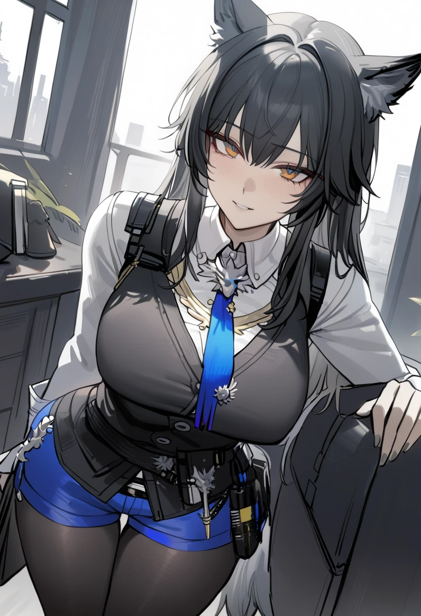  1 girl , Texas the Omertosa \( Arknights ),  Arknights ,  with wolf ears ,  black hair,  yellow eyes,  clevis,  white shirt, Black vest,  blue tie,  blue shorts ,  black pantyhose,  Masterpiece ,  best quality