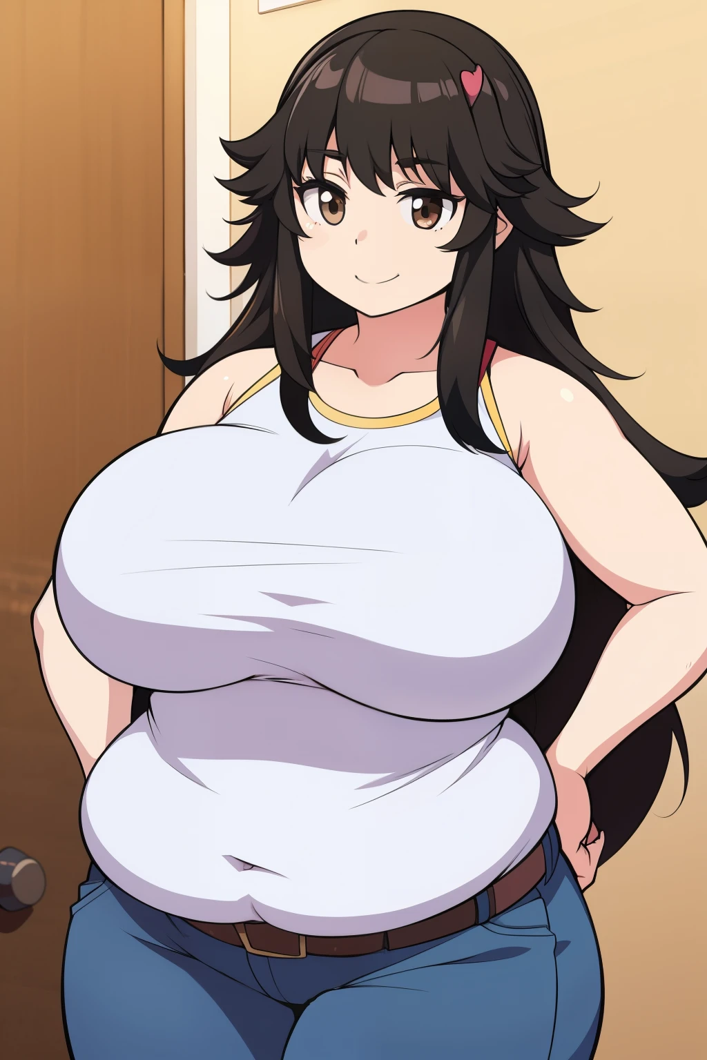 Chubby girl with big breasts black hair brown eyes happy long messy hair smiling Jinako Carigiri 