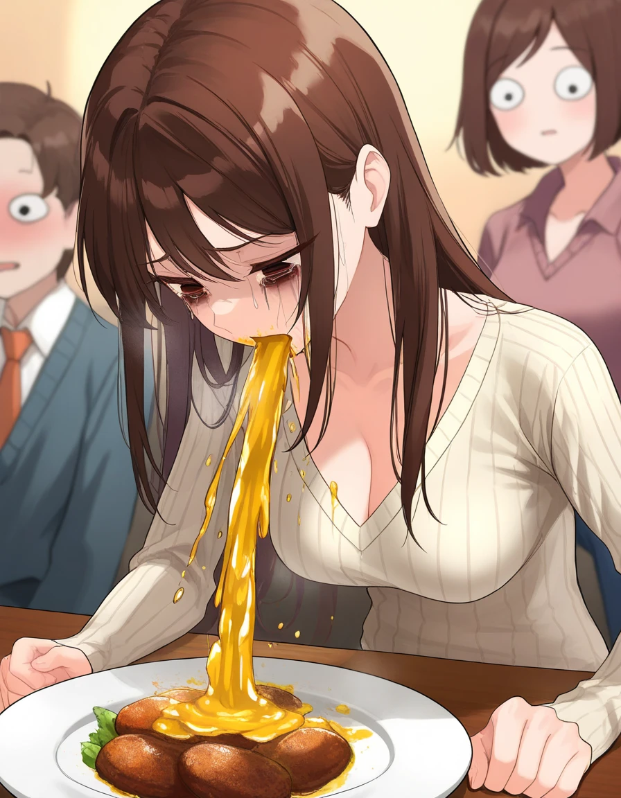 nsfw,beautiful woman, 45years old ,sexy female,brown hair, long hair,v-neck sweater,skinny jeans,(look down),watery eyes,painful face,Medium breasts,in restaurant,on the dining table,food, dish, vomiting,(vomit),puke,throw up,many peoples