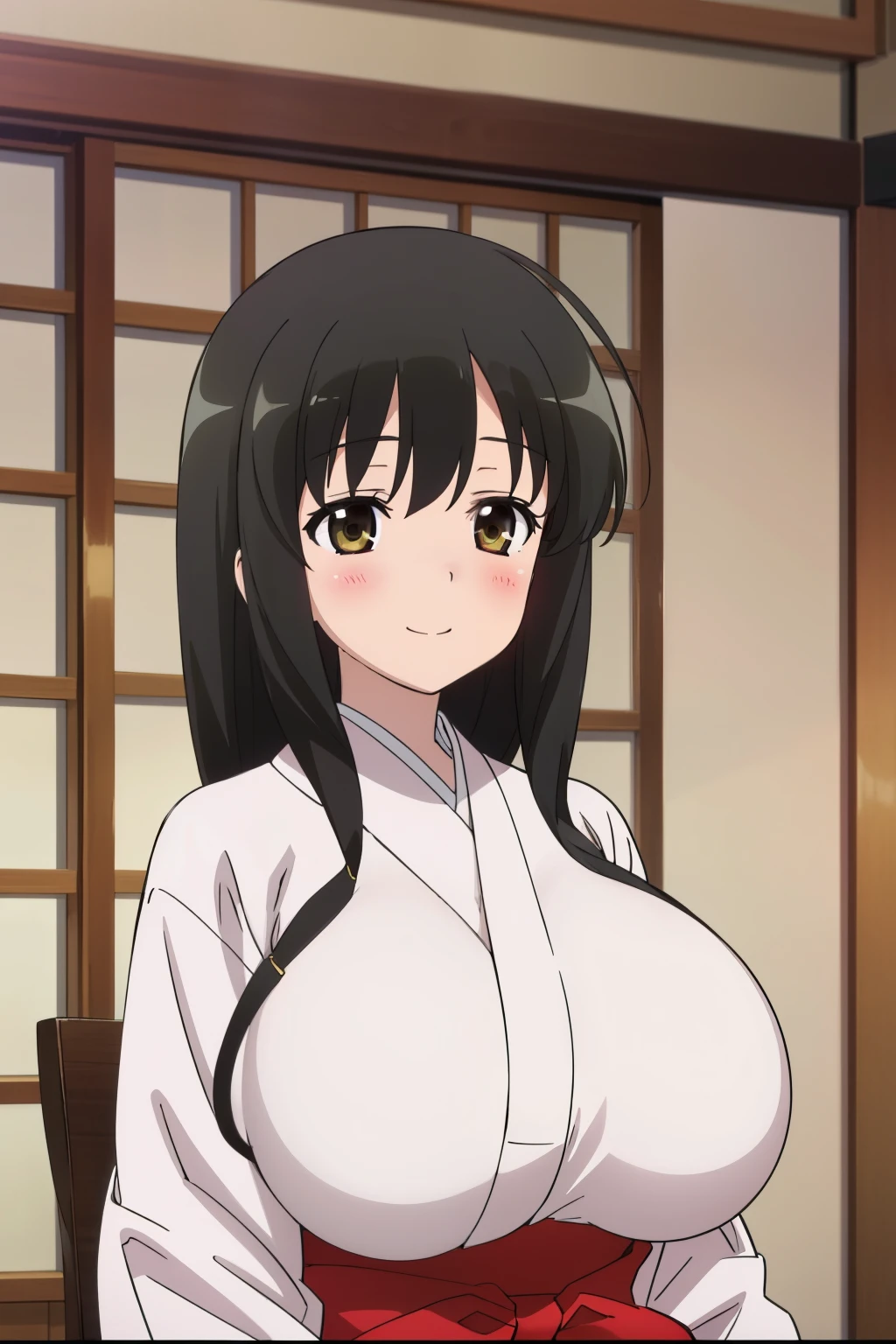 anime screencap, huge tits, masterpiece, best quality, high resolution, 2D, anime cels, best quality, high resolution, 1girl, kasumi iwato, japanese clothes, japan architecture, (huge breasts:1.4), blush, embarrassed, smile, looking away, red hakama