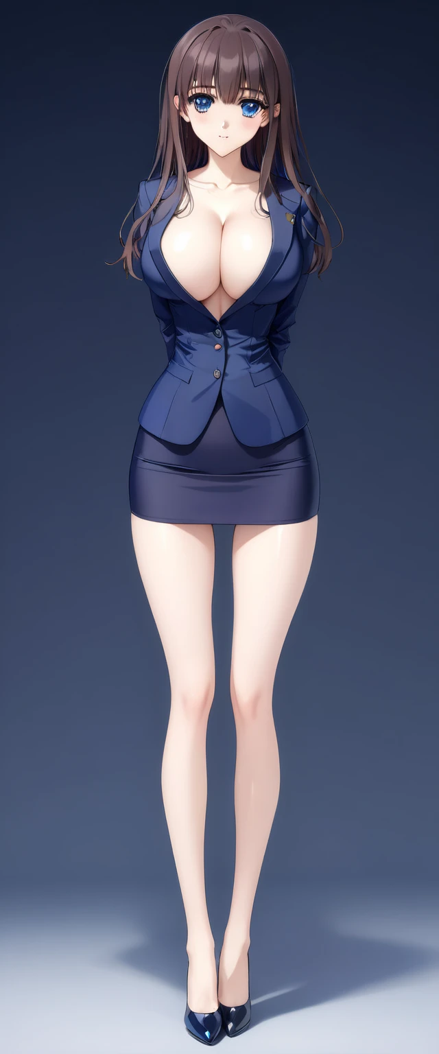 Megumi Kato,  1 girl , Alone, bangs,  brown hair, nsfw、(((Female lawyer, ( formal suit micro mini skirt that shows only a little bit of crotch,  High Waist Micro Mini Pencil Skirt , No shirt,  strict navy blue jacket),Big Breasts、 cleavage、Thin legs)))、 perfect body,  Anime Virtual YouTuber Full Body Model, ((Full body of a single character,  standing in a splendid posture , short!,  full body shot超詳細))、 skinny, Alone, 1 female,   Masterpiece ,   best quality ,   best quality , 16k,  Incredibly Ridiculous,  high definition, 2.5D, AI-generated, Delicate and dynamic,  Very delicate facial expression,  delicate eye depiction,  Erotic , only  sexy woman, ((A cute and kind face)),((((Beautifully detailed eyes、 beautiful detailed eyes))))、 Healthy body shape, ((25-year-old woman)), Height: 170cm,  Moderately Firm Swaying Bust , sexy, (( Thin Thighs )),,  shiny, 視聴者にfrontを向いている, smile, ((Oily_skin)), (((( full body shot、 middle hair )))),  Erotic  pose,  fashion model posing with faded gray hair,   fashion model style DJ, (((micro mini length pencilskirt、front、You can fully see your thighs 、Very thin thighs、Long beautiful legs、痩せていてBig Breasts、 Navy Blue Flawless Micro Mini Pencil Skirt)))、whole body、entire body、full body、total body、((((CowboysHot、downwards、from front、 simple background))))、((Fashion Show Pose ))