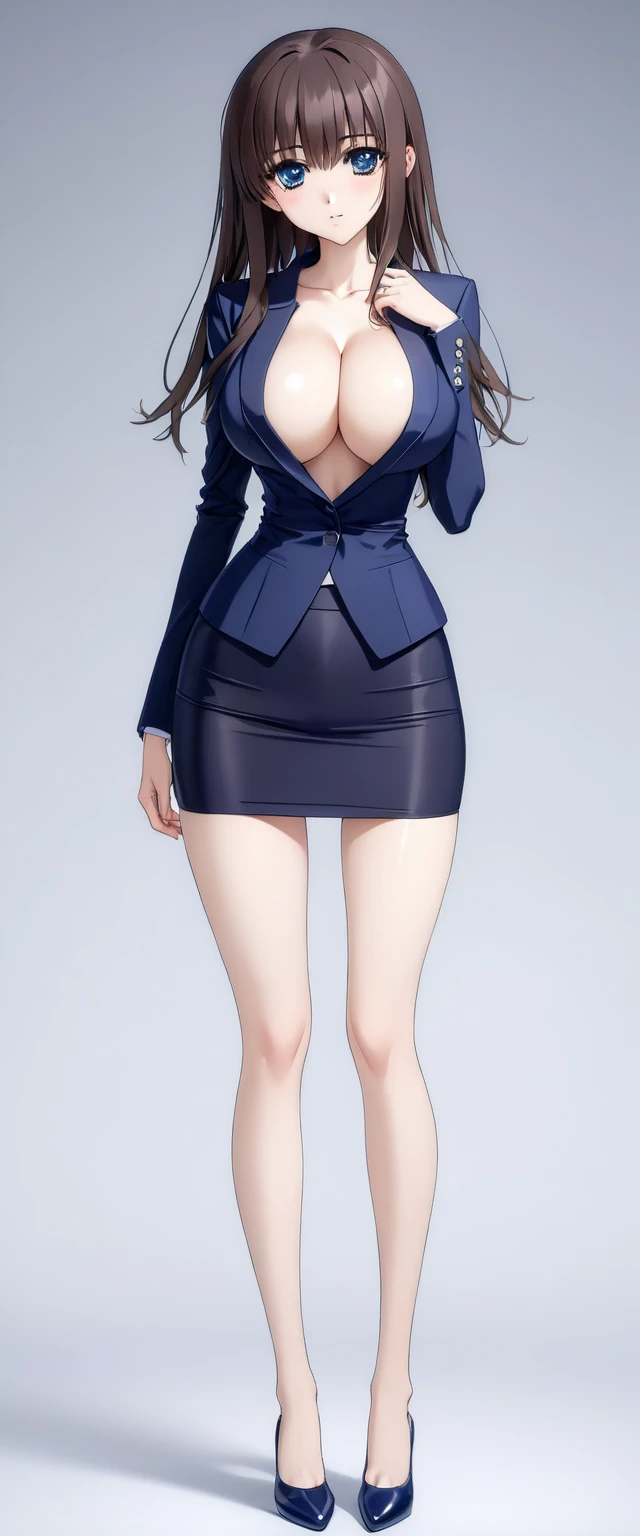 Megumi Kato,  1 girl , Alone, bangs,  brown hair, nsfw、(((Female lawyer, ( formal suit micro mini skirt that shows only a little bit of crotch,  High Waist Micro Mini Pencil Skirt , No shirt,  strict navy blue jacket),Big Breasts、 cleavage、Thin legs)))、 perfect body,  Anime Virtual YouTuber Full Body Model, ((Full body of a single character,  standing in a splendid posture , short!,  full body shot超詳細))、 skinny, Alone, 1 female,   Masterpiece ,   best quality ,   best quality , 16k,  Incredibly Ridiculous,  high definition, 2.5D, AI-generated, Delicate and dynamic,  Very delicate facial expression,  delicate eye depiction,  Erotic , only  sexy woman, ((A cute and kind face)),((((Beautifully detailed eyes、 beautiful detailed eyes))))、 Healthy body shape, ((25-year-old woman)), Height: 170cm,  Moderately Firm Swaying Bust , sexy, (( Thin Thighs )),,  shiny, 視聴者にfrontを向いている, smile, ((Oily_skin)), (((( full body shot、 middle hair )))),  Erotic  pose,  fashion model posing with faded gray hair,   fashion model style DJ, (((micro mini length pencilskirt、front、You can fully see your thighs 、Very thin thighs、Long beautiful legs、痩せていてBig Breasts、 Navy Blue Flawless Micro Mini Pencil Skirt)))、whole body、entire body、full body、total body、((((CowboysHot、downwards、from front、 simple background))))、((Fashion Show Pose ))