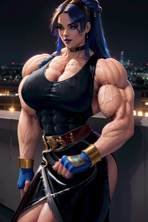 ((Close view)), tall, cyan blue haired woman, long beachy hair, pale white skinned, closed smile, ((black lipstick)), ((massive muscles)), (hyper muscle), ((ginormous bulky muscles)), ((glowing purple eyes)), (black tight dress), choker, high heels, (sitting arms crossed in a sports bar)