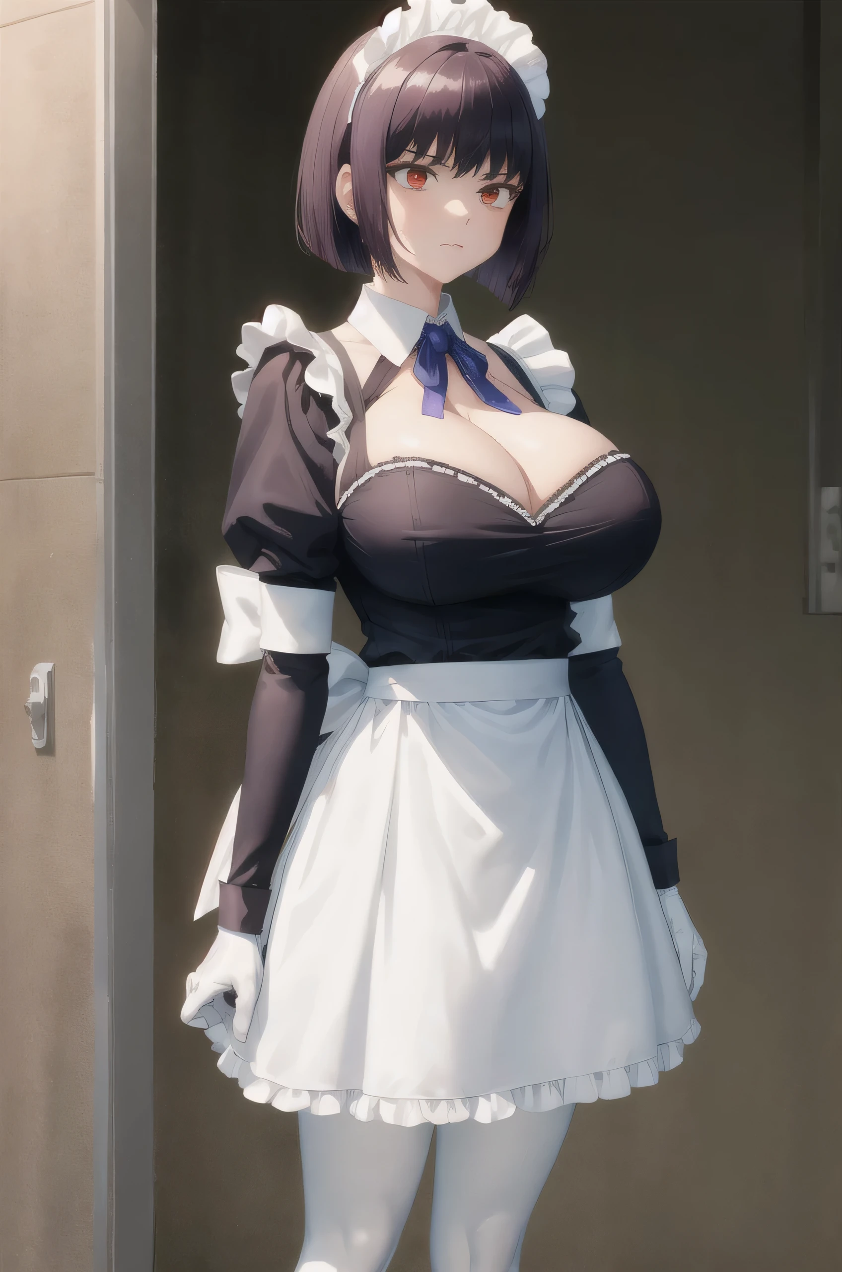 masterpiece, best quality, 1girl, Sana Sunomiya, solo, standing, maid, maid headdress, (gigantic breasts:1.2), cleavage, revealing clothes, frills, juliet sleeves, long sleeves, white gloves, white legwear, white pantyhose, blue ascot, red eyes, purple hair, short hair, bob cut, detached collar, wrist cuffs, young female, mini dress