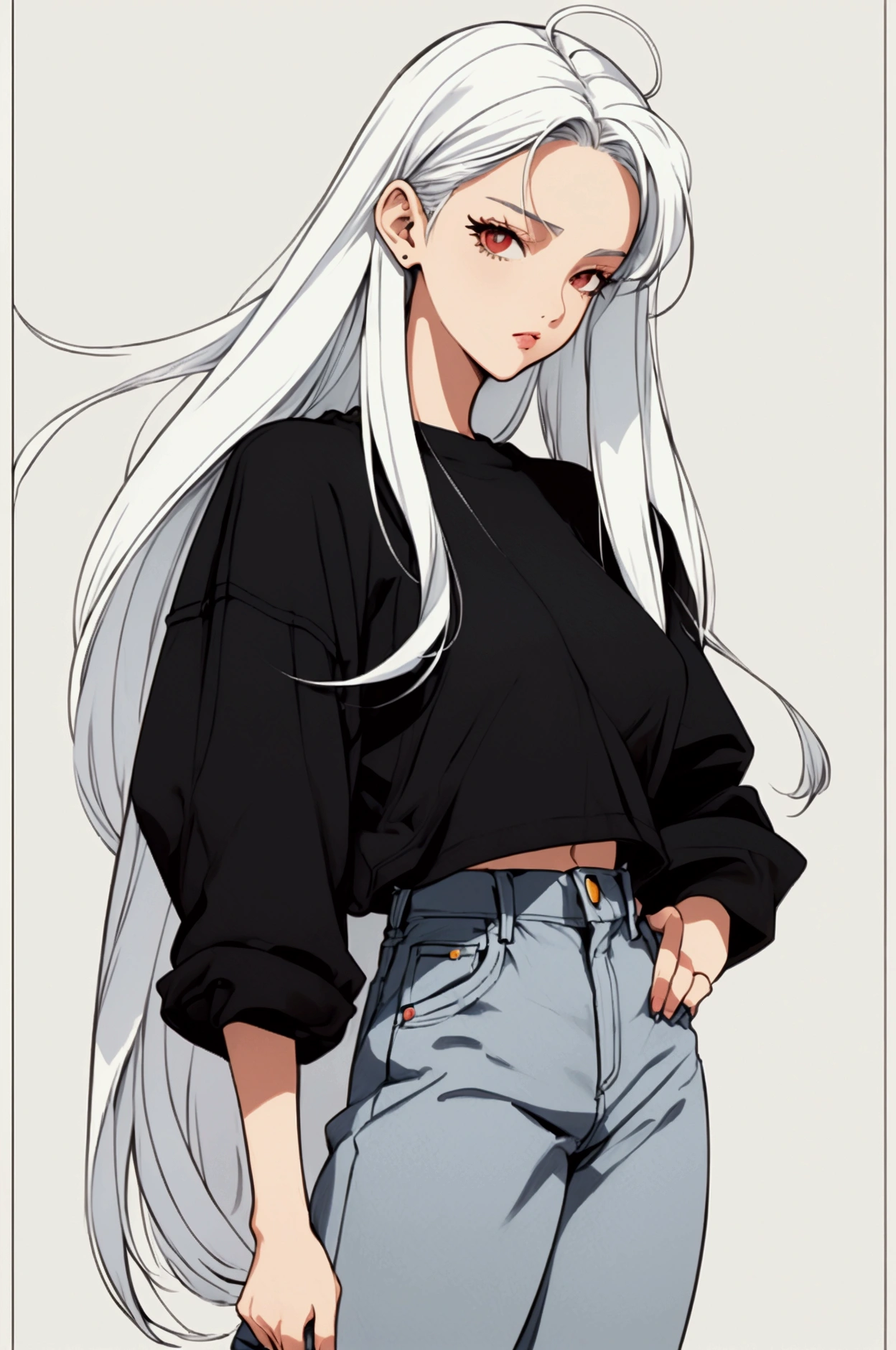 Women, 90s, retro, baggy jeans, black T-shirt, ( flat colors , Flat texture, linear drawing:1.2),  small breasts ,  long white hair  (white hair) silk hair . (background) city background, moto vespa.