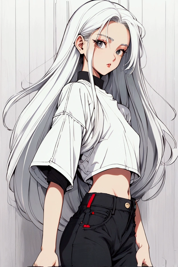 Women, 90s, retro, baggy jeans, black T-shirt, ( flat colors , Flat texture, linear drawing:1.2),  small breasts ,  long white hair  (white hair) silk hair . (background) city background, moto vespa.