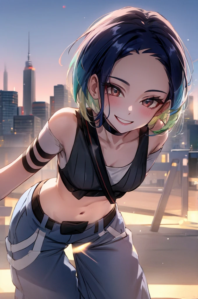 1girl, leaning forward, camera in hand, looking at viewer, BREAK perrin_pokemon, choker, crop top, midriff, black choker, small breasts, smile, BREAK detailed background, city, outdoor, BREAK (best quality, masterpiece, UHD, ultra detailed), (beautiful face, shiny skin), (detailed eyes), (perfect anatomy), (professional lighting)