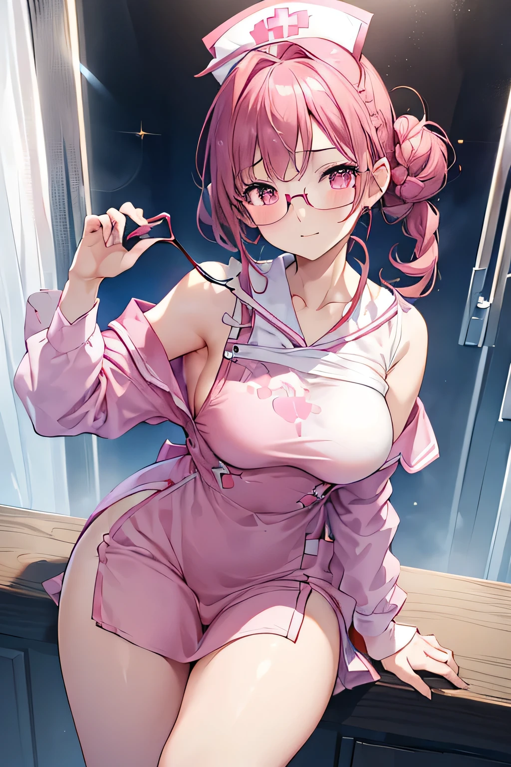 solo,whole body,Standing position right,Light pink hair,Bob Hair,Red Glasses,Bunny girl,casino,smile,Big Breasts,cute,High leg