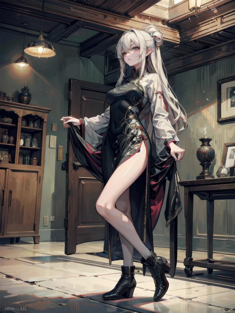 (Dramatic digital art:1.3) of,(Lively:1.3) portrait of female (Snezana Sakovich 2:1.1) Wearing a see-through kimono, Sleeping on the bed,Style - Silver Magic, Stylish girl,society,Art Station,The happi coat is open,Thin legs,short boots