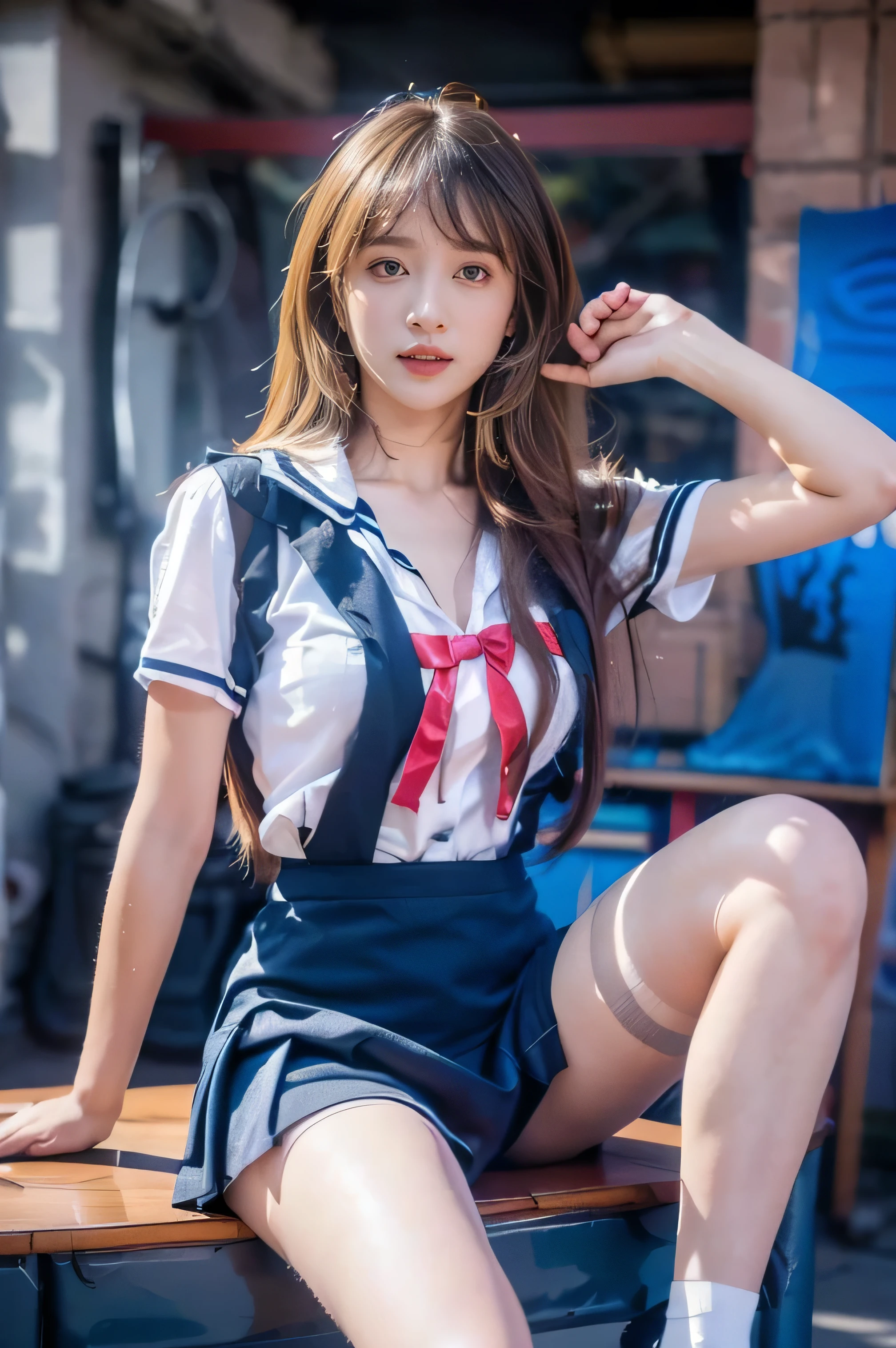 Top CG,  Highest image quality , masterpiece,  gentle and beautiful girl , (185cm beauty), (firm big breasts ), Pleated miniskirt,  white skin, ((close up)),  perfect facial features ,  bright eyes ,  Seductive Posture ,  red lips, Beautiful and cold (Big Breasts)), Beautiful and heroic , 柔软的 long hair,  sparkling,, network,  visible through clear skin, 8k image quality , (Realistic Portraits), Slut，Full screen , (Face lighting), ((Oily)，Ultra low chest ，(( School Uniform)),((masterpiece)), ((  best quality )), ((  very detailed depiction  ))(8k), (  looking at the camera，front ), in the classroom,  beautiful woman masturbates ,Fully Exposed , ,(Perfect thighs),pale, long hair,  brown hair  , Bigg Ass,(  female high school student miniskirt  :1.5),(  belly length short sleeve shirt  , Pleated Skirt), Performance,(Big Breasts：1.2,),( Red cheeks , Perfect FoneCe  ,  embarrassing  , Drooling , Vaginal discharge),(  rub the corner of the table with your crotch  :1.5),(  lean forward  :1.5, Water butt  ),  a dynamic angle where you raise one leg frighteningly,(whole body), orgasm :1.5