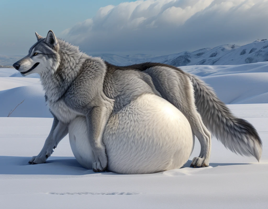 Feral Very Extremely obese Silver Wolf with unbelievably very extremely massive White belly, side view, belly so big it pushes ground, massive belly 