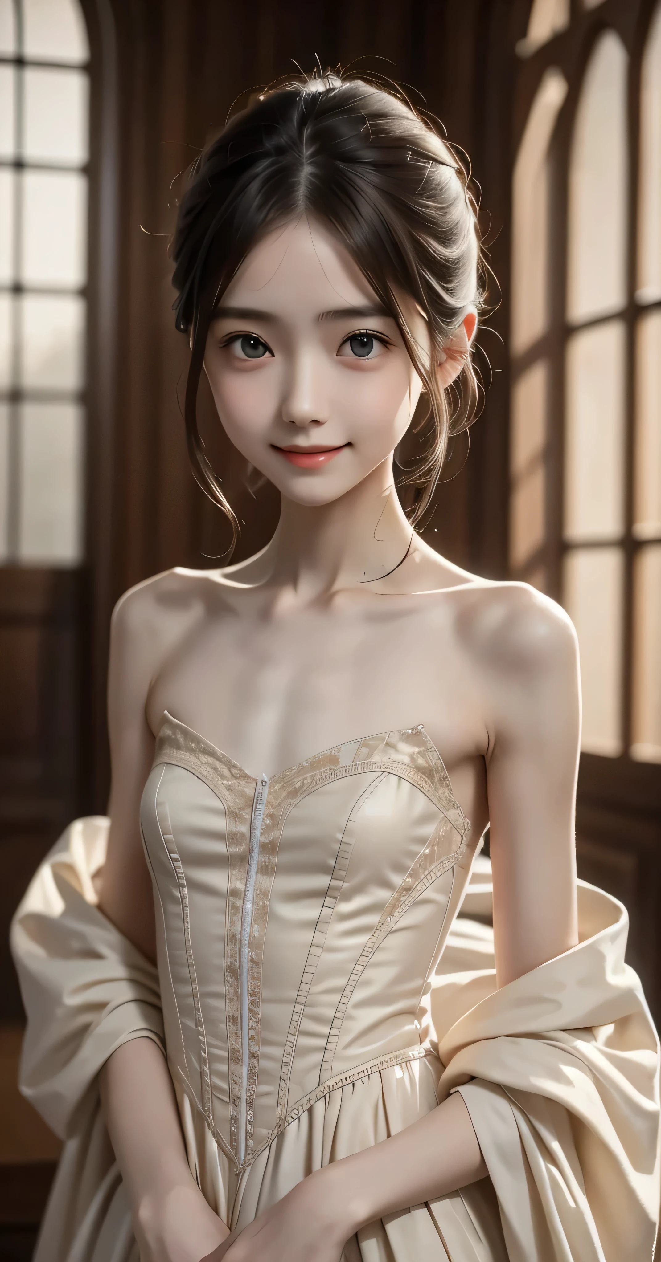  S,Thin armS,Narrow ShoulderS,delicate,Official art,4K,8k, Super detailed,beautiful,maSterpiece, beSt quality, DarkneSS, vibe,RomanticiSm,literature,art,faShion, Victorian , race,Smile