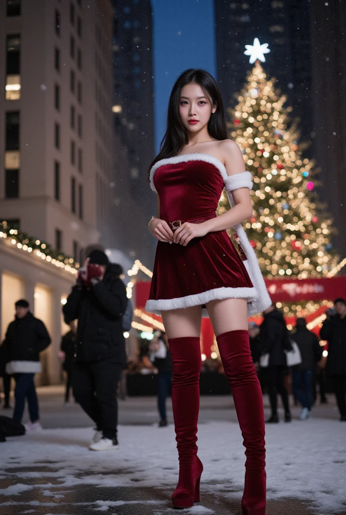 A Japanese woman with long, straight black hair, fit and athletic, is standing at the Rockefeller Center in New York during the Christmas season, dressed in a sensual Santa outfit. Her red velvet dress is form-fitting, trimmed with white fur, and she wears matching high-heeled boots. The iconic Rockefeller Christmas tree glows brightly in the background, surrounded by twinkling lights and festive decorations. Snow is gently falling, adding to the magic of the scene as she stands confidently, enjoying the festive atmosphere, blending elegance and holiday charm. The energy of the city swirls around her as tourists and locals enjoy the Christmas spectacle