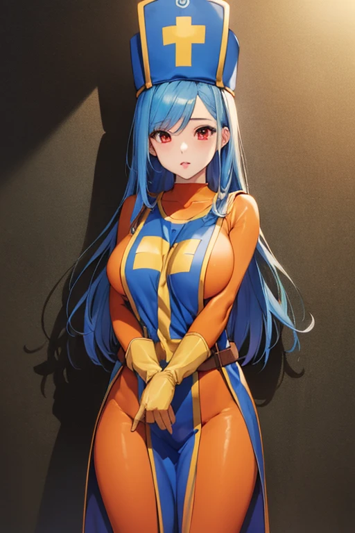 masterpiece,highest quality, Unreal Engine, Super Resolution, Very detailed,
1 girl, Waist, thin, (Muscular:0.8)
round chest, Big Breasts, Bold,  Lips parted, Observe the audience,
Are standing, sexy pose
Waist shot,
Simple background anime style, Key Visual,
 Light blue hair, Red eyes, Long-haired monk \(dq3\)
Orange bodysuit,Miter saw,Tabard Elbow Gloves