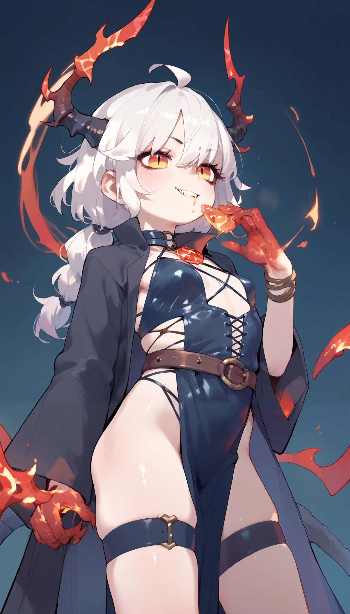(melhor qualidade: 1.0), (super high res: 1.0), personagem extremamente detalhado, detailed hands, Half-dragon girl, chifres, scales on the neck, escamas nos ombros, scales on the forearm, escamas na bochecha, Girl with dragon tail, dragon tailed, Cabelo extremamente detalhado, cabelo curto, ((Cabelo branco)),((mechas pretas)), olhos extremamente detalhados, olho com cores diferentes, Heterocromia, olho direito branco, olho esquerdo preto, dragon eyes, 2D, Arte de Anime, ((barnet)), ((corpo inteiro)), standing on her feet, medieval, RPG, pequena, fofa, black fire in the hands