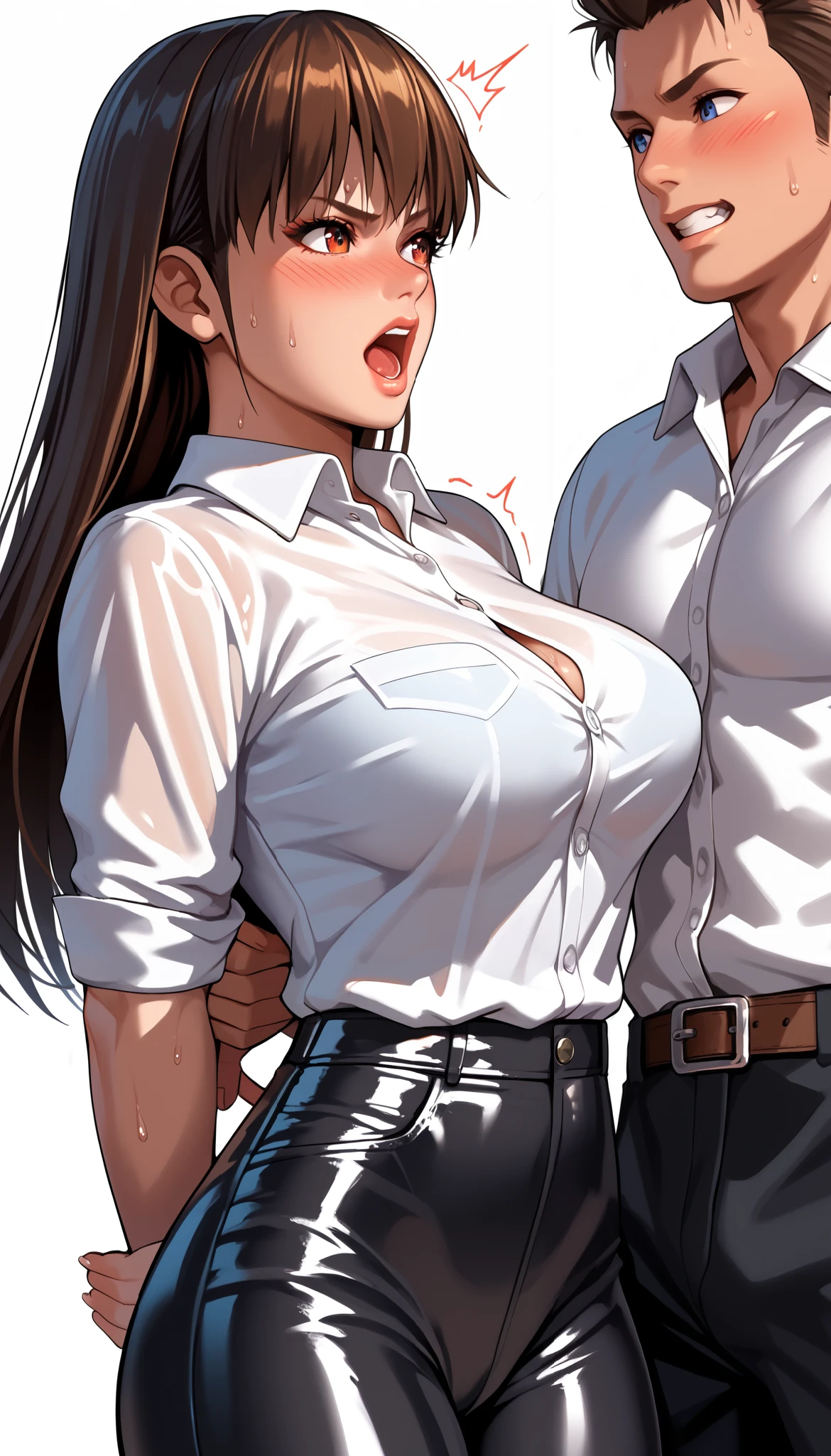 LeiFangDOA, gasp, 1 girl and 1 male, a male holding girl’s hip, glossy black pants, glossy white business shirt, arms behind back, {{arching the body backward}}, office lady, be breathless, sweat, sparkling sweat, trembling, long brown straight hair, breasts, [[angry]], blush, {anguish}, {{shameful}}