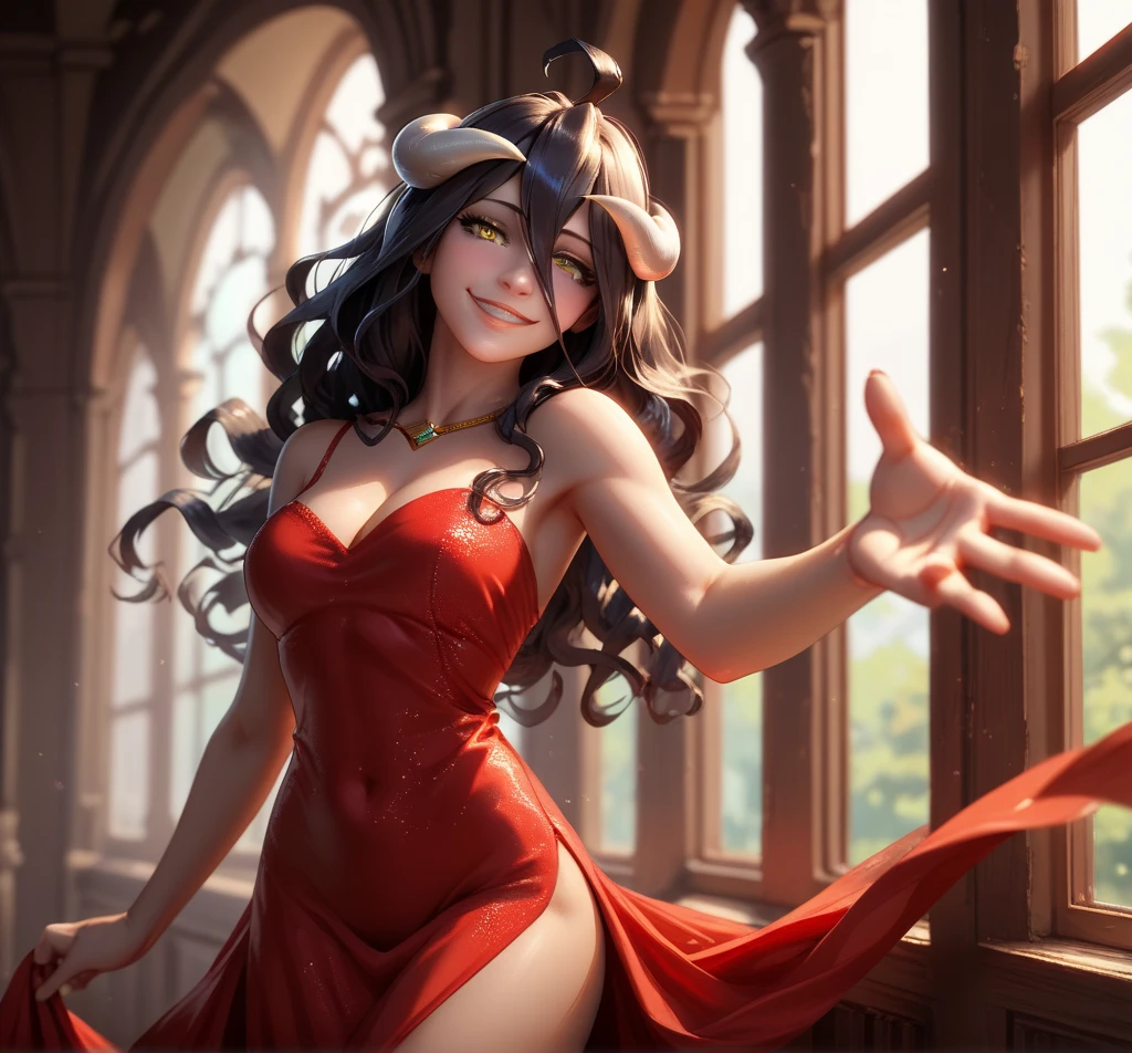 Create a hottest Image Albedo for Overload Animation, red dress, elegant, wavy hair, female, window, seductive smile, legs, reaching out, head tilt,