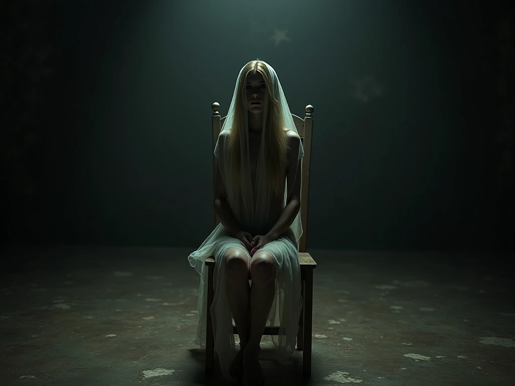 editorial photography,super detailed background,Super realistic,double exposure,depth of field,beauty super slender skinny vibes,soft focus darkness tone,narrative scene,open lips,gothic style,at the cathedral,immoral,blasphemous,Under the gaze,God,the Virgin Mary,the angels,A monster comes out from inside the cracked body,squatting with spread legs,