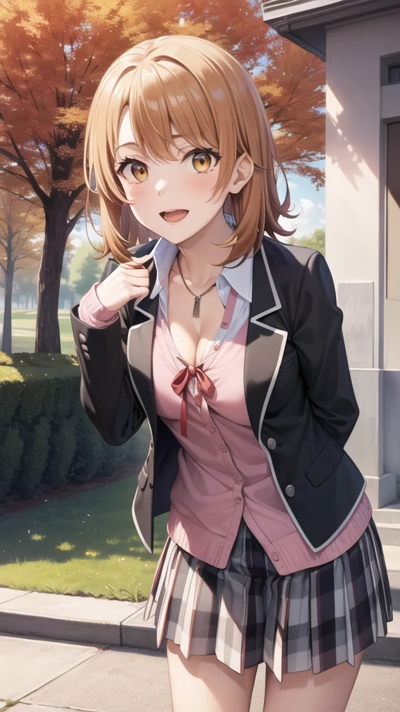 masterpiece, best quality, highres, aairoha, medium hair, school uniform, neck ribbon, collared shirt, blazer, black jacket, open jacket, long sleeves, plaid skirt, standing, cowboy shot, leaning forward, arms behind back, smile, open mouth, outdoors, autumn,

unbutton your shirt and show your chest,Attach nipples to your chest ,

 lift your chest with your hands,

 put sausage in cleavage, pinch the sausage between your cleavage ,

White fluid  on face,White fluid on chest,