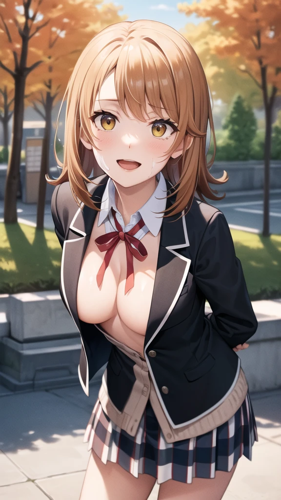 masterpiece, best quality, highres, aairoha, medium hair, school uniform, neck ribbon, collared shirt, blazer, black jacket, open jacket, long sleeves, plaid skirt, standing, cowboy shot, leaning forward, arms behind back, smile, open mouth, outdoors, autumn,

unbutton your shirt and show your chest,Attach nipples to your chest ,

 lift your chest with your hands,

 put sausage in cleavage, pinch the sausage between your cleavage ,

White fluid  on face,White fluid on chest,