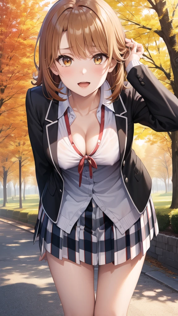 masterpiece, best quality, highres, aairoha, medium hair, school uniform, neck ribbon, collared shirt, blazer, black jacket, open jacket, long sleeves, plaid skirt, standing, cowboy shot, leaning forward, arms behind back, smile, open mouth, outdoors, autumn,

unbutton your shirt and show your chest,Attach nipples to your chest ,

 lift your chest with your hands,

 put sausage in cleavage, pinch the sausage between your cleavage ,

White fluid  on face,White fluid on chest,