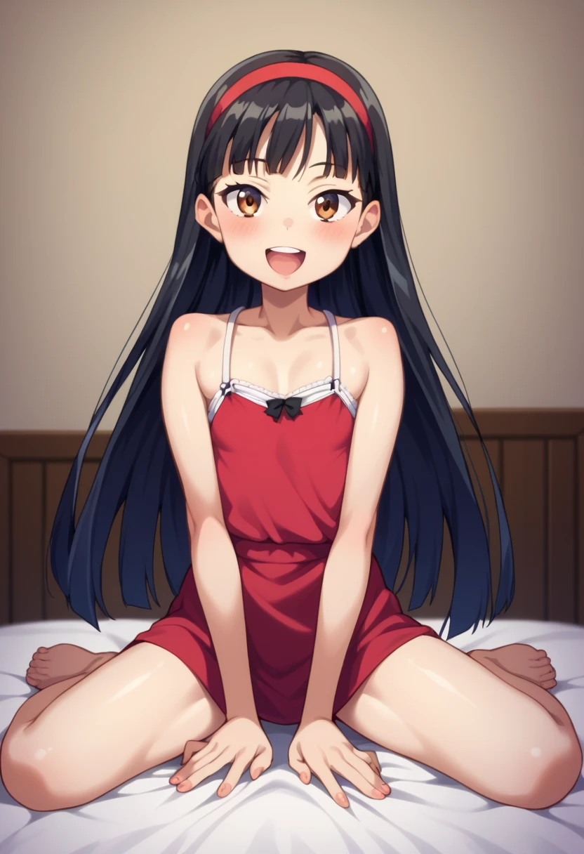 (( best quality)), ((masterpiece)), (be familiar with),  perfect face, indoor, bedroom,  viewer,
One woman,  Yukiko Aikina,
 open mouth,  ecstatic expression with hands in front of body, blush, smile,
 small ,  flat chested, Young girl, Lori,  kids,  girl,
 long hair,  Long Hair,
Leg spread,