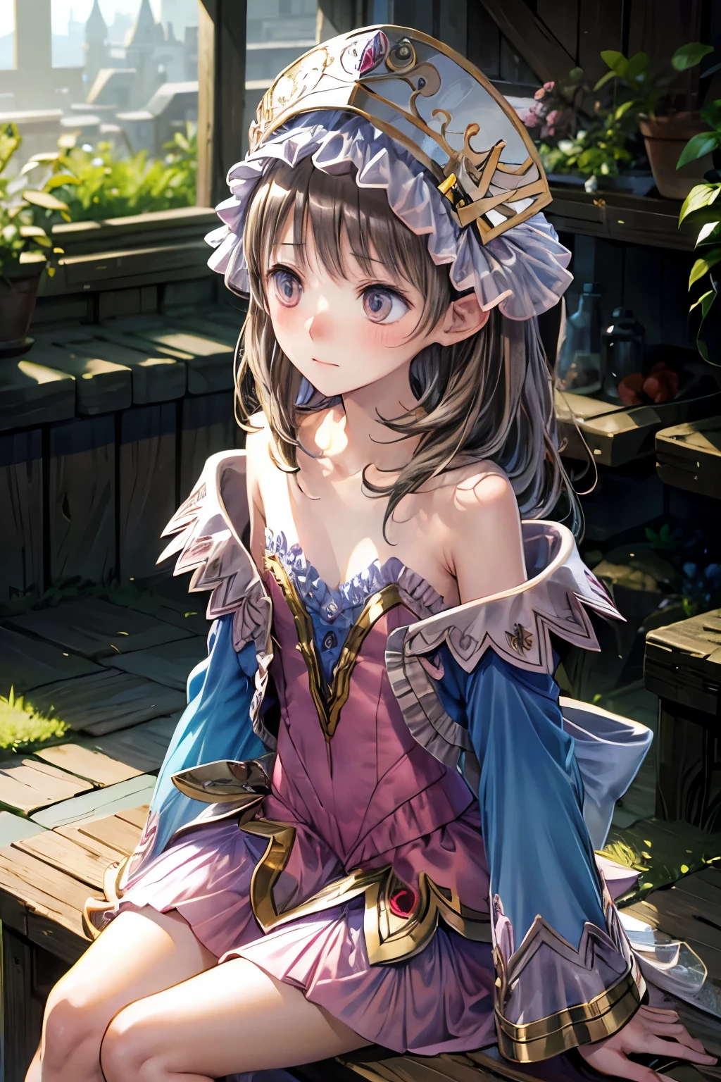 masterpiece, best quality, high resolution, sharp focus, anime coloring, depth of field, photorealistic, anime style, clumsy pose, blush, relieved, vibrant colors, cinematic lighting, high quality, perfect detail, perfect anatomy, 8k, HDR, fantasy magic, magical energy, alchemist aura, atelier background, chartotori, blue sleeves, detached sleeves, skirt, dress, bare shoulders, blush, collarbone, strapless, hat, frills, flat chest, bow, back bow, sitting, sleepy