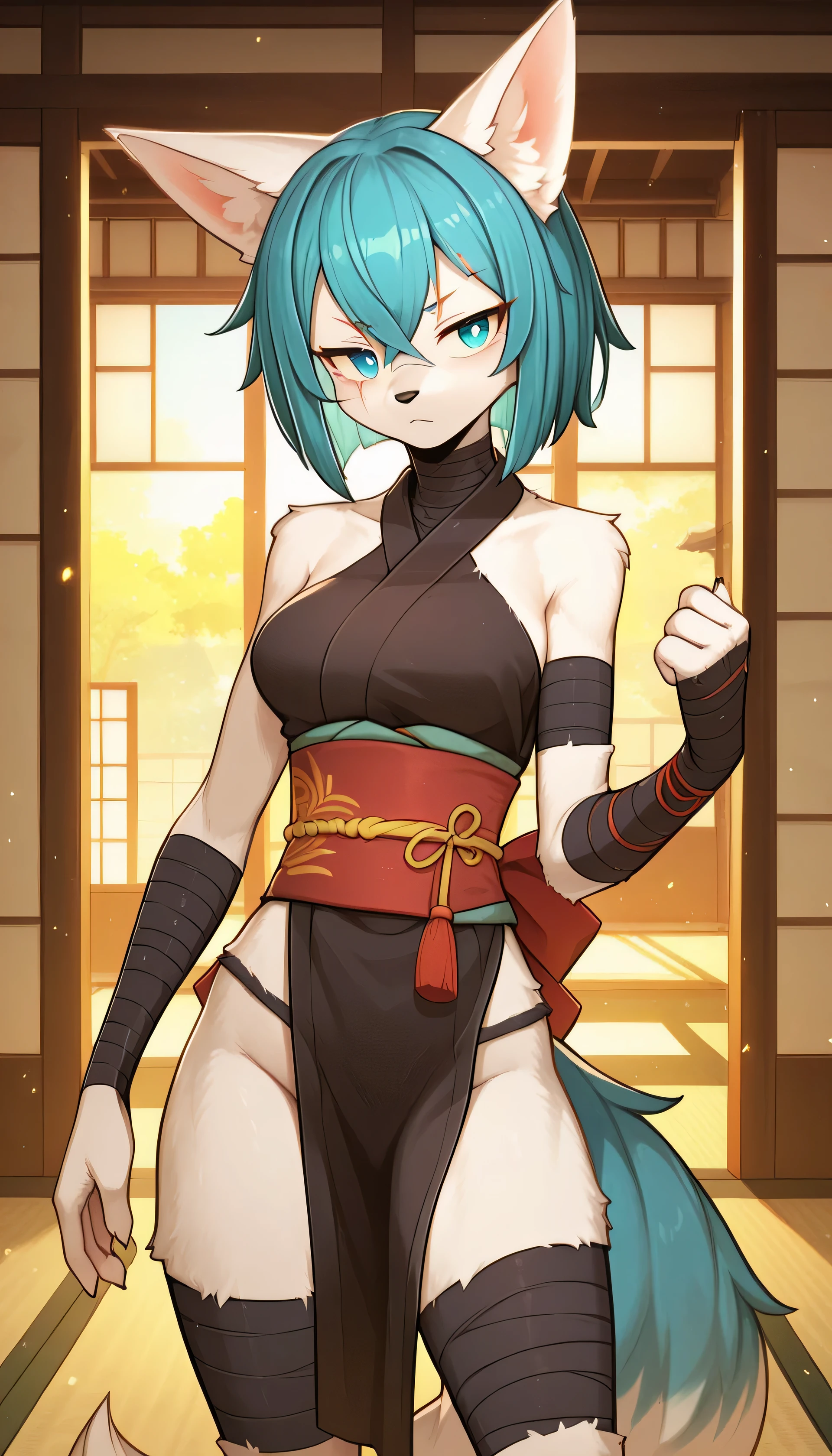 Masterpiece, best quality, girl1, Wolfie, leather pants, serious look, holding the sword, full body view, night,  katana 