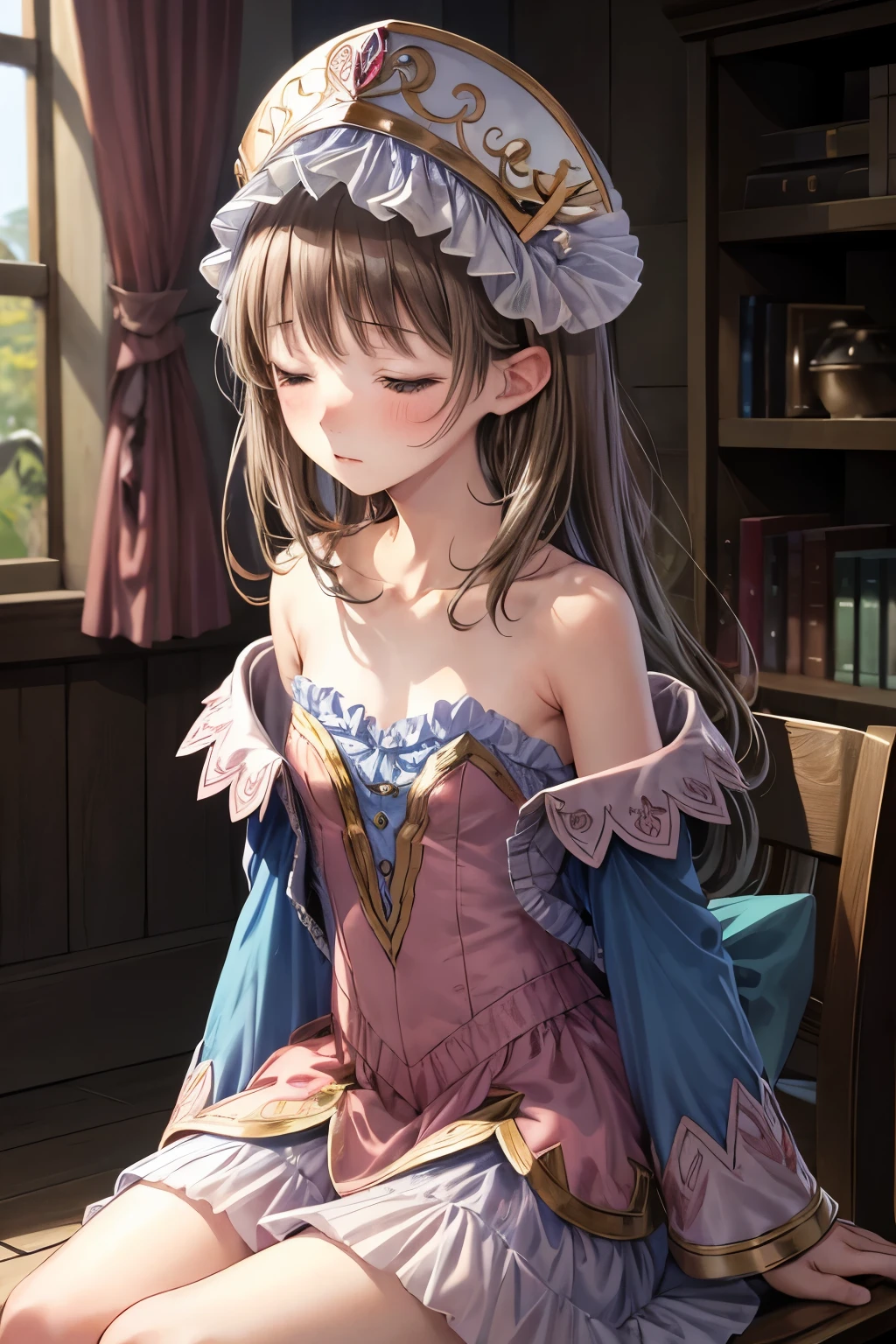 masterpiece, best quality, high resolution, sharp focus, anime coloring, depth of field, photorealistic, anime style, clumsy pose, blush, relieved, vibrant colors, cinematic lighting, high quality, perfect detail, perfect anatomy, 8k, HDR, fantasy magic, magical energy, alchemist aura, atelier background, chartotori, blue sleeves, detached sleeves, skirt, dress, bare shoulders, blush, collarbone, strapless, hat, frills, flat chest, bow, back bow, sitting, sleeping, overslept, sleeping while sitting