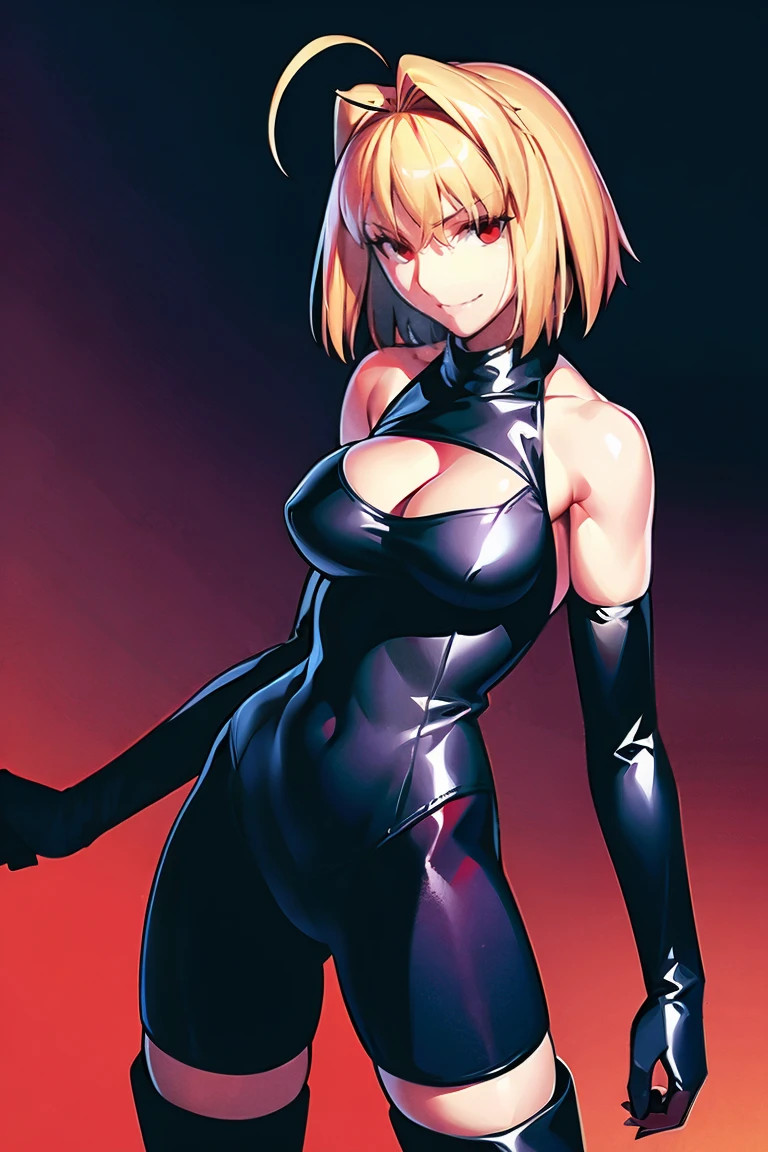 1girl, solo, alone, cowboy shot, large breasts, bondage, dominatrix, latex, red clothes, harness leotard, cleavage, thigh boots, bare shoulders, elbow gloves, enamel clothes, red clothes, smile, blonde hair, medium hair, ahoge, cleavage cutout, arcueid \\(tsukihime\\), perfect anatomy, perfect female body, perfect proportion,