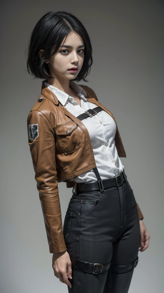 Mikasa from the anime Attack on Titan, short hair, black hair, beautiful woman, beautiful, perfect body, perfect breasts, white shirt, brown jacket, cream pants, looking at the viewer, small smile, realism, masterpiece, textured skin, super detailed, detailed high, high quality, best quality, 1080p, 16k