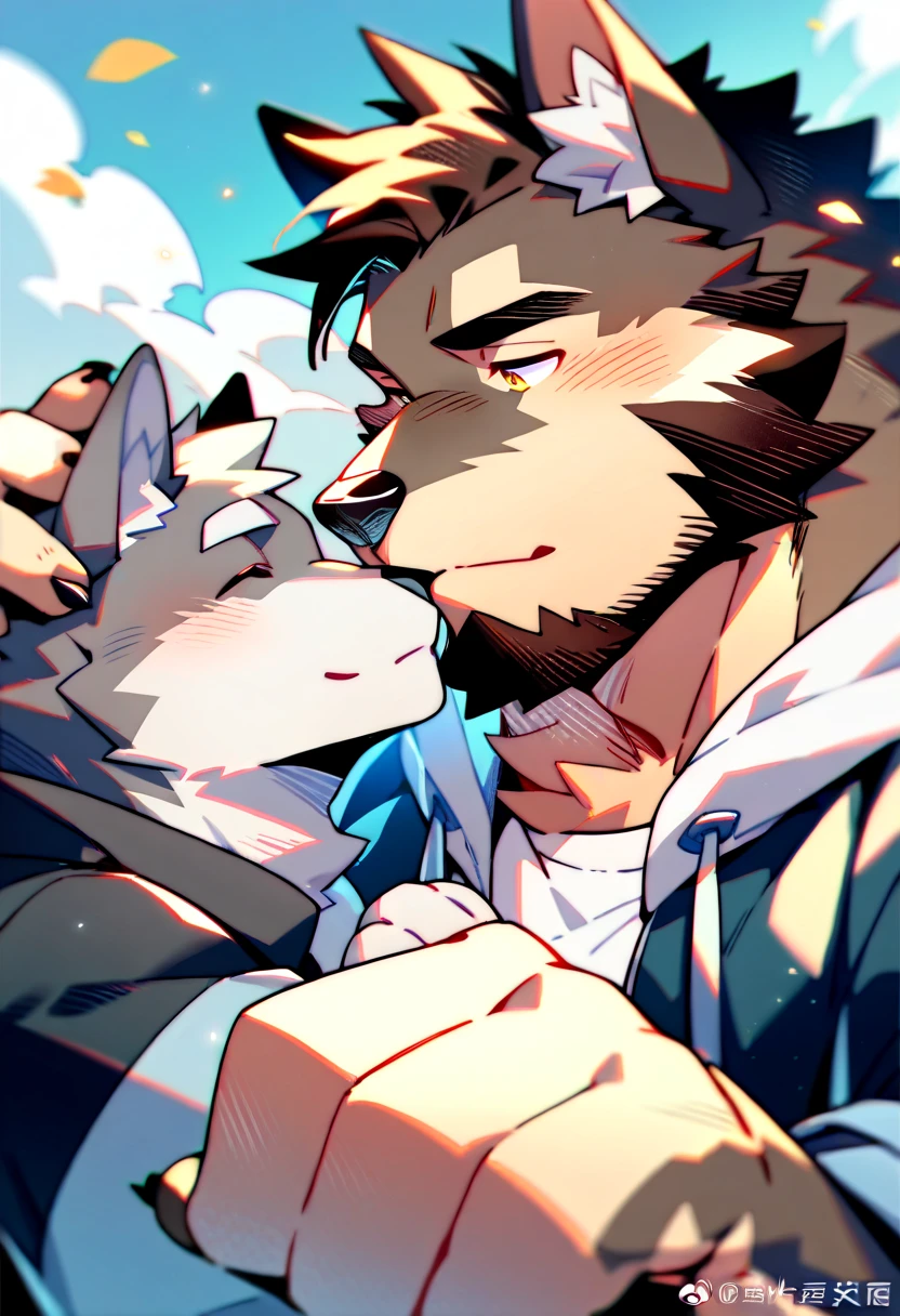 a wolf and bull furry couple kissing cutest, wolf and bull couple, furry muscle wolf short stature, tall muscle bearded bull, SFW, cool wear, high resolution, high quality, masterpiece 