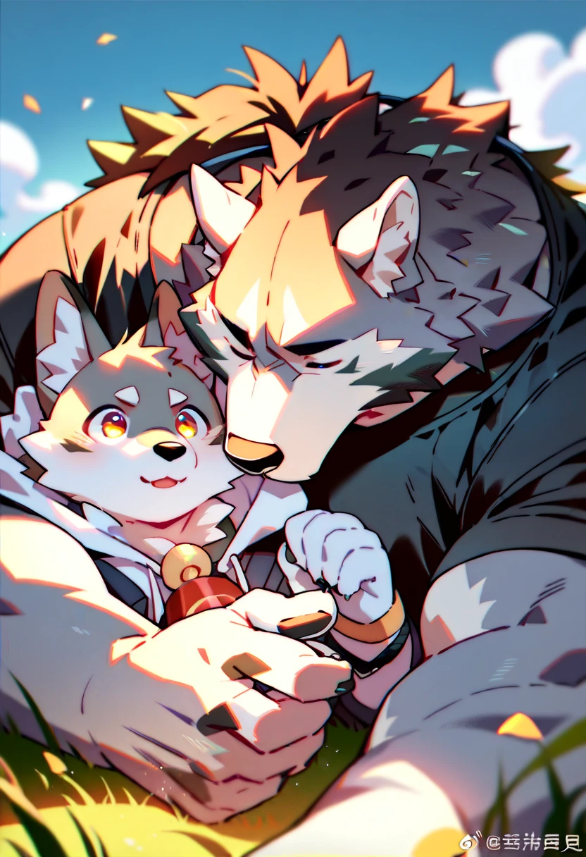 a wolf and bull furry couple kissing cutest, wolf and bull couple, furry muscle wolf short stature, tall muscle bearded bull, SFW, cool wear, high resolution, high quality, masterpiece 