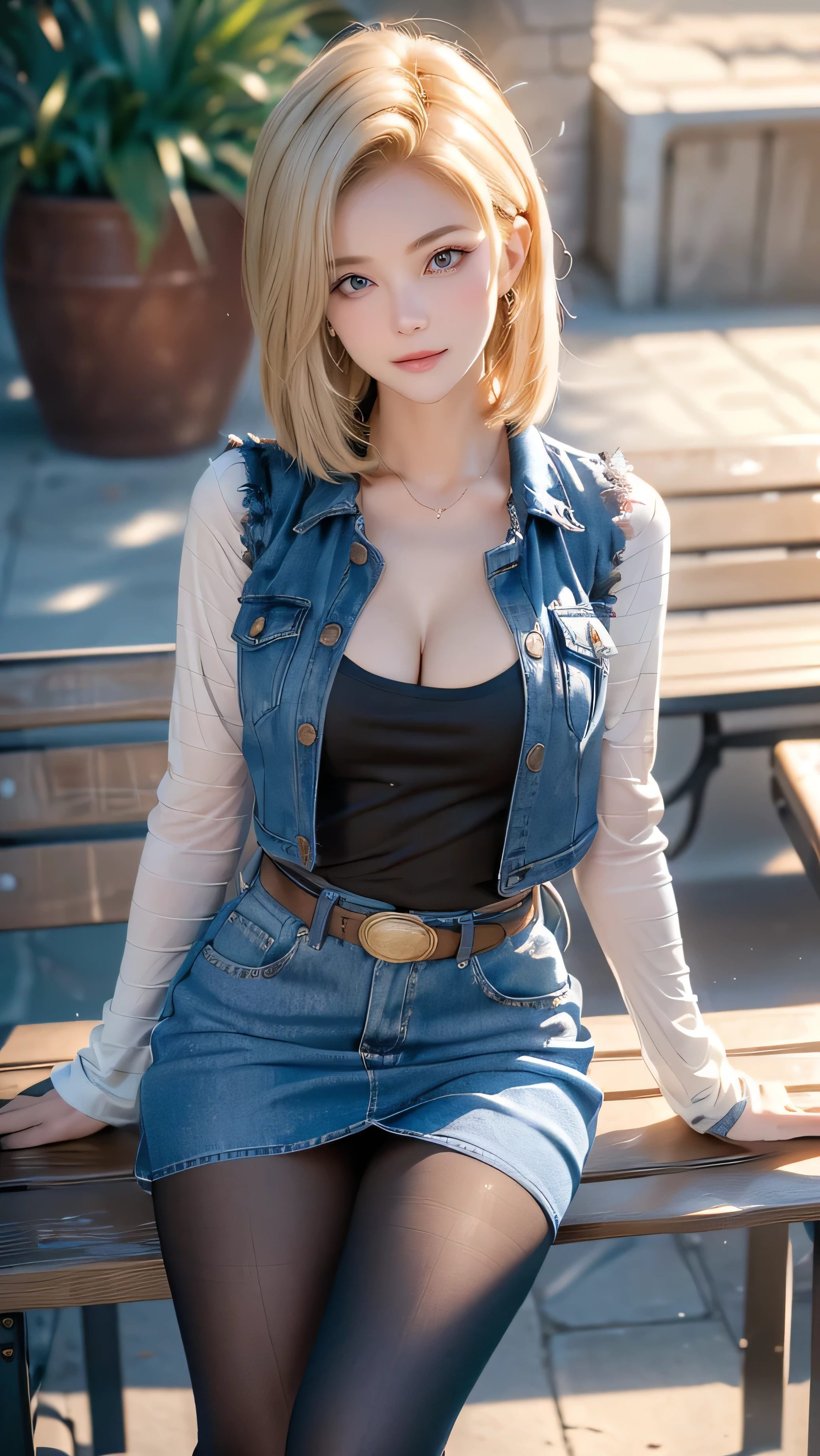 ((Front View)), ((Android 18)), ((In park)), ((She is standng next to the bench)), ((She blushes)), ((Her eyes are full of sexual thoughts wih smiling)), ((She leans back on her own)), ((She falls all the way back on the bed)), ((She looks straight ahead with sticky yet small eyes)), ((Her body continues to tilt to the side against her will)), ((The hem of my denim skirt keeps rolling up), ((The inside and outside of the hem near the left thigh of the denim skirt are turned inside out)), ((A panty line is visible on the upper part of her left leg)), ((But she lifts her right leg up more blatantly so that the observer doesn't notice)), (The pillow is on her head), (Pretty and sexy girl), (Light blonde hair), Medium length shaggy cut hair, She have Very large breasts bouncing, Wearing a very short blue H-line denim skirt, Wearing a denim vest, The denim skirt and denim vest colors match, She Wear long sleeves, It has long sleeves with black stripes at regular intervals on a white background, She wears a pantyhose, She wears flesh-colored illusion pantyhose, The pantyhose she wears look like brown stockings, She wore pantyhose and white panties over them, Wearing a Western cowboybelt, Wearing a black t-shirt that exposes deep cleavage, not wears a bra, The breast position of the black T-shirt clearly exposes the breast areola, ((She changes position)), ((She is looking straight ahead at the viewer and spreading her legs outward)), ((shyly with her right eye)), ((bench)), ((Standing next to the the bench)), ((two trees)), (masterpiece:1.3)