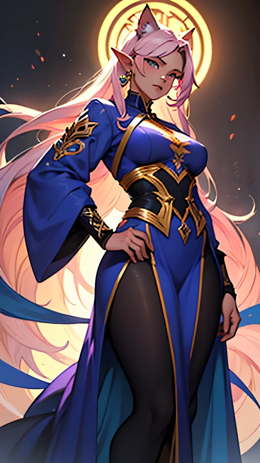 (Masterpiece, best quality, official art, 8K), ultra-detailed, a cartoon image of a Sky Blue Skinned female Djinn with blue hair and a chain around her neck, Human Hybrid Djinn, (((((Her sky blue skin))))), skin genie girl sky blue, alone, Krenz Cushart and Artgerm, aesthetics!!!!!!, female genius, she is huge, beautiful girl genius, a celestial appearance, eyes are large and expressive, ((deep blue eyes)), exotic eyes, long blue hair, wavy and flowing, wears an exotic outfit, ((She wears a top adorned with sparkling jewels, her skirt is long and flowing, made of lightweight silk, with layers that move gracefully with each step)), the skirt is decorated with intricate embroidery in silver and gold, waist sash decorated with precious stones, artgerm style, Water Elemental Woman, Goddess Inanna, The Greek goddess Afrotita, aesthetic!!!!!!, (1 Female Genie Djinn), (Big Breasts), Beautiful Genie, Evil Goddess, Djinn Character, Detailed Body, mega detailed sensual body, perfect goddess body, Cuffs with Hanging Chains, Colorful Concept Art, Spiritual Fantasy Concept Art, female genie, blue hair, Sky blue skin, Djinn girl, (Sky Blue Skinned Elf-Djinn).