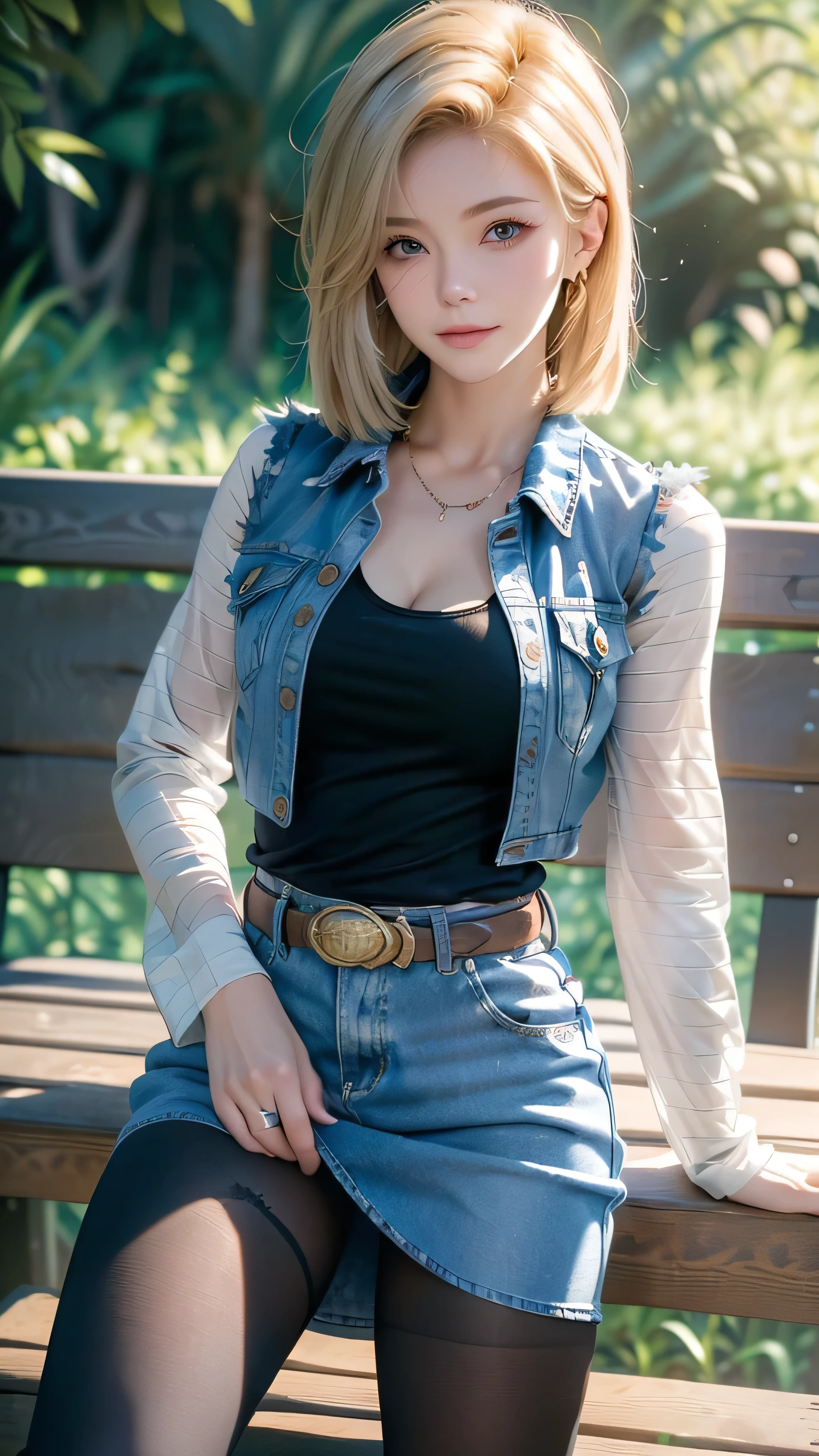 ((Front View)), ((Android 18)), ((In park)), ((She is standng next to the bench)), ((She blushes)), ((Her eyes are full of sexual thoughts wih smiling)), ((She leans back on her own)), ((She falls all the way back on the bed)), ((She looks straight ahead with sticky yet small eyes)), ((Her body continues to tilt to the side against her will)), ((The hem of my denim skirt keeps rolling up), ((The inside and outside of the hem near the left thigh of the denim skirt are turned inside out)), ((A panty line is visible on the upper part of her left leg)), ((But she lifts her right leg up more blatantly so that the observer doesn't notice)), (The pillow is on her head), (Pretty and sexy girl), (Light blonde hair), Medium length shaggy cut hair, She have Very large breasts bouncing, Wearing a very short blue H-line denim skirt, Wearing a denim vest, The denim skirt and denim vest colors match, She Wear long sleeves, It has long sleeves with black stripes at regular intervals on a white background, She wears a pantyhose, She wears flesh-colored illusion pantyhose, The pantyhose she wears look like brown stockings, She wore pantyhose and white panties over them, Wearing a Western cowboybelt, Wearing a black t-shirt that exposes deep cleavage, not wears a bra, The breast position of the black T-shirt clearly exposes the breast areola, ((She changes position)), ((She is looking straight ahead at the viewer and spreading her legs outward)), ((shyly with her right eye)), ((bench)), ((Standing next to the the bench)), ((two trees)), (masterpiece:1.3)