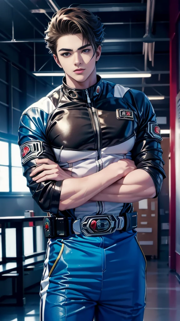 (    best quality ), (    best quality ), (    best quality ), (Overall view)  Attractive young young man 18 years old, shiny Kamen Rider suit , 18 years old,  toned and muscular , 