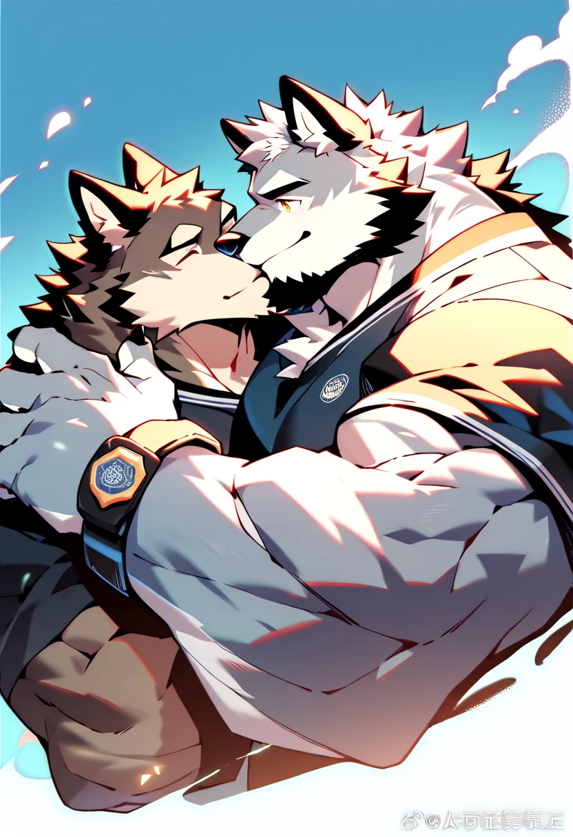 a wolf and bull furry couple kissing cutest, wolf and bull couple, furry muscle wolf short stature, tall muscle bearded bull, SFW, cool wear, high resolution, high quality, masterpiece 