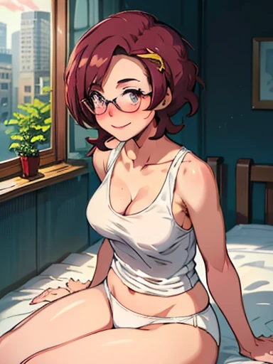 grace_(pokemon), mature woman, (1girl, solo:1.2), (masterpiece:1.0), (high resolution), medium breasts, no bra, sagging breasts, low cut tight White tank top, glasses, sitting on bed, open window background, undressing, taking her clothes off, white panties, cleavage, blush, eye wrinkle, smile, looking at viewer