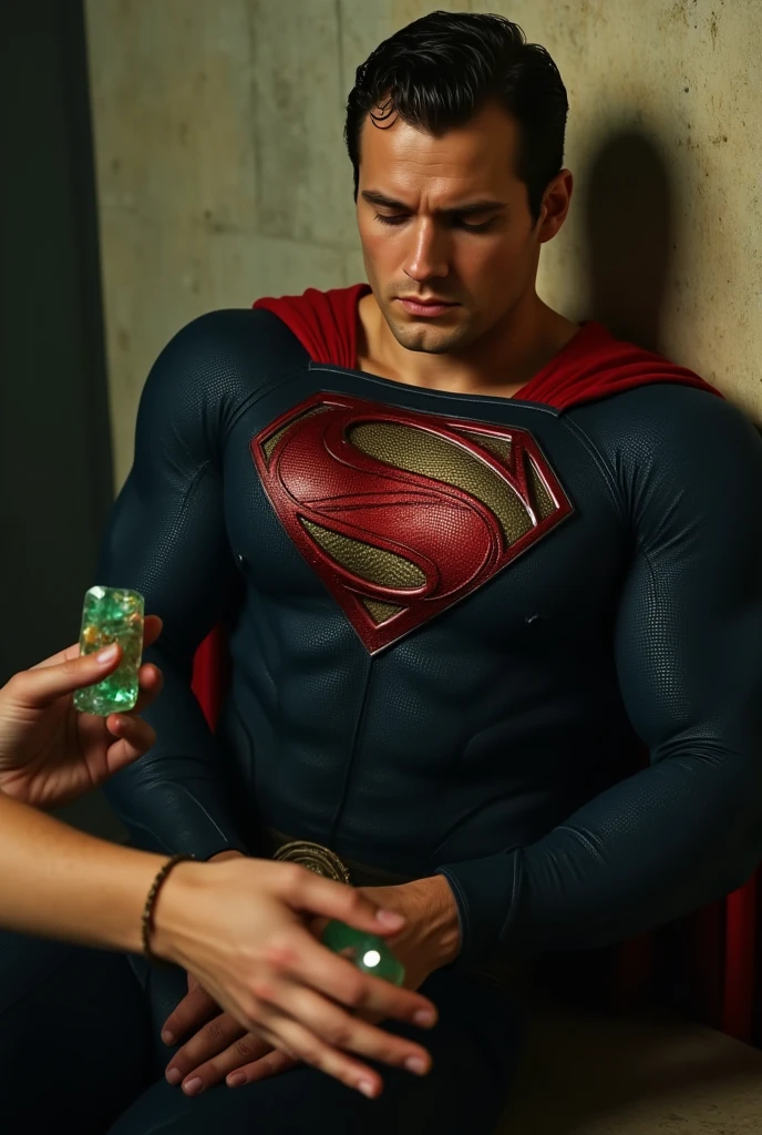 A muscular attractive h3nr4, Henry Cavil with Short stubble, strong physique, muscular thighs, wearing a Superman suit, leaning against a wall, looks weak and in pain, head down, with his eyes closed and nearly unconscious, another person's hand is holding on a small shiny green crystal